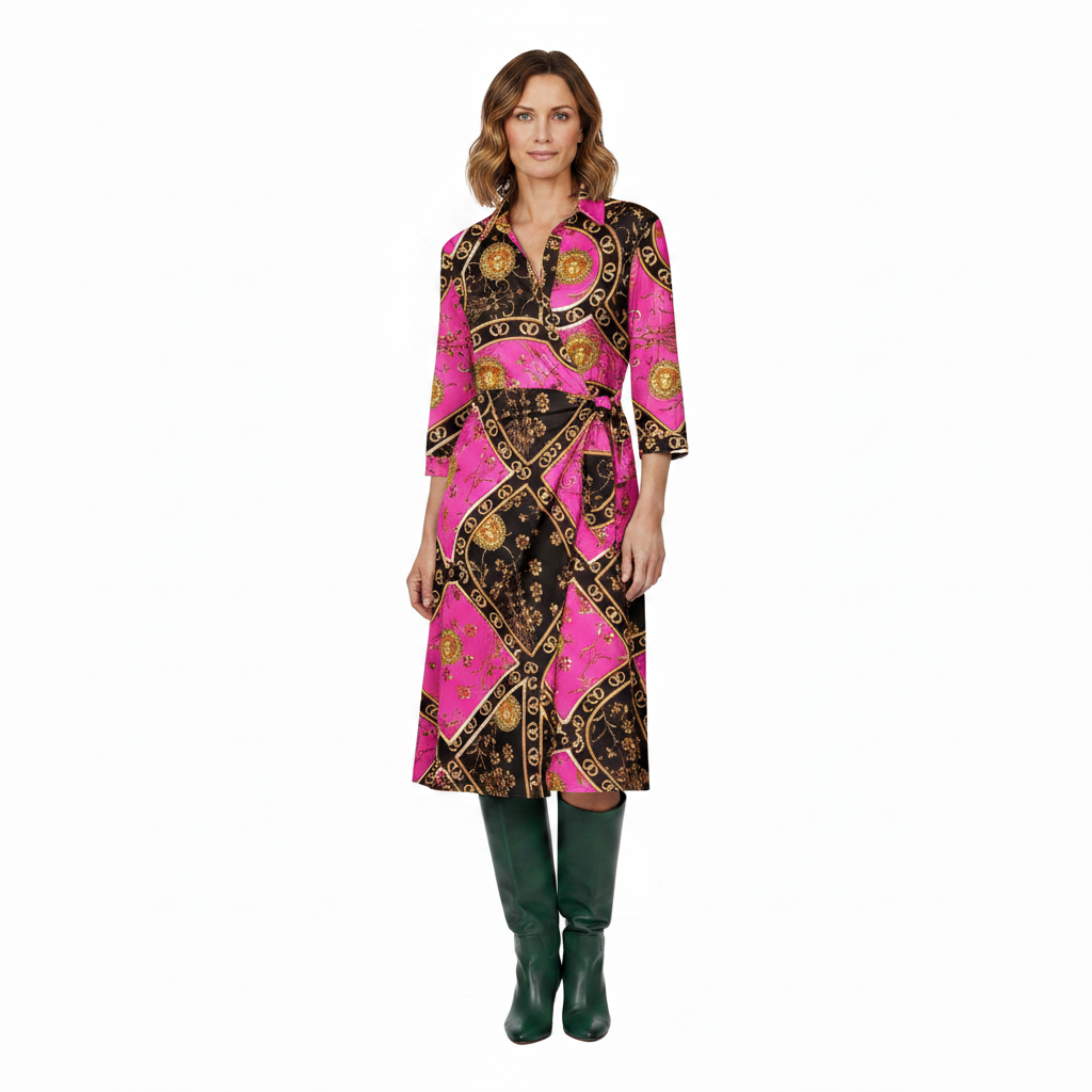 Robe Midi Envelope para Mulher com Estampa Artística e Gola de Camisa