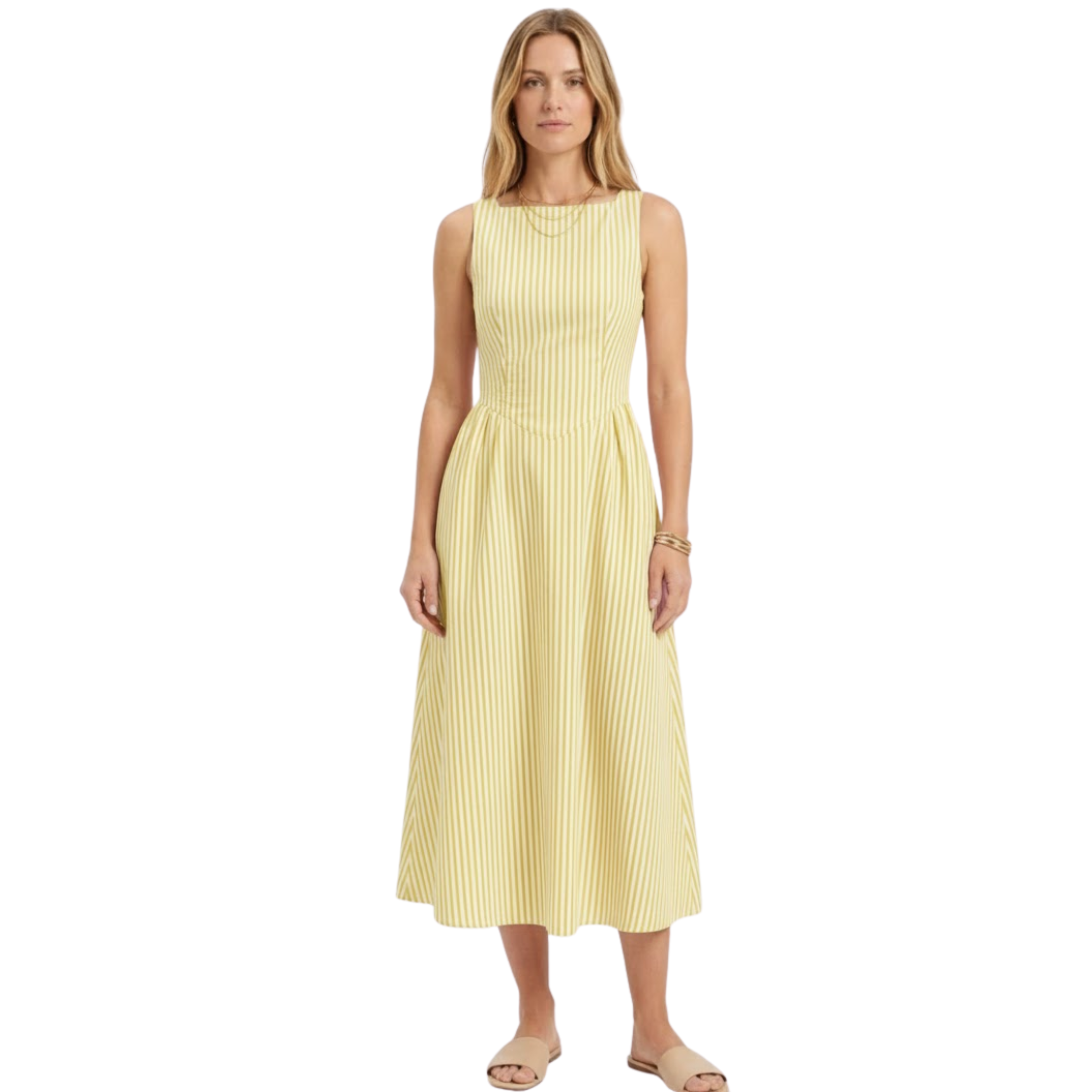 Vestido largo sin mangas con rayas verticales y cuello alto para mujer