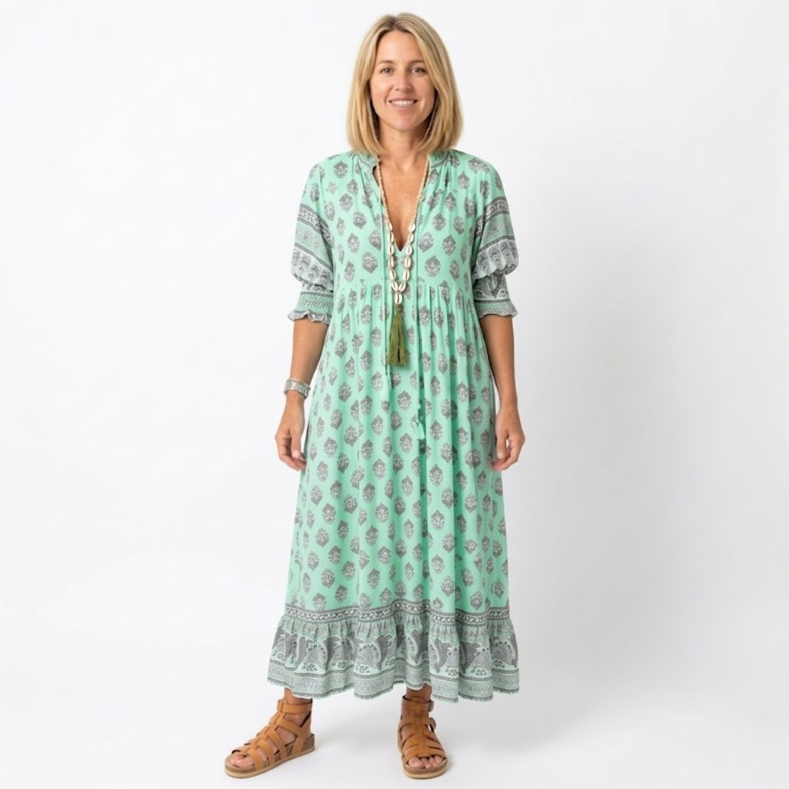 Boho Style Midi Dress for Women with Floral Print, V-Neck, and Lantern Sleeves