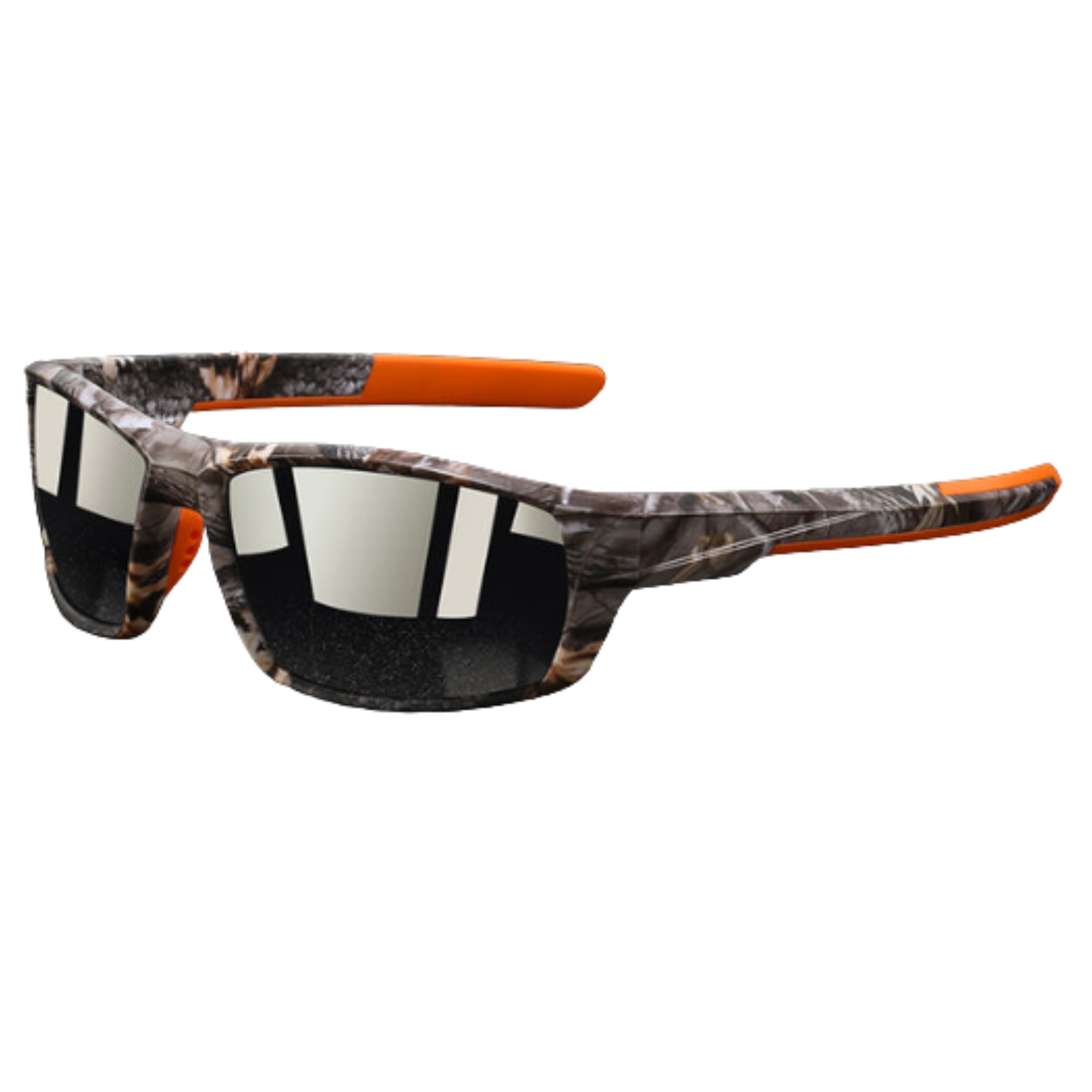 Sport sunglasses — polarized lenses and camouflage frame
