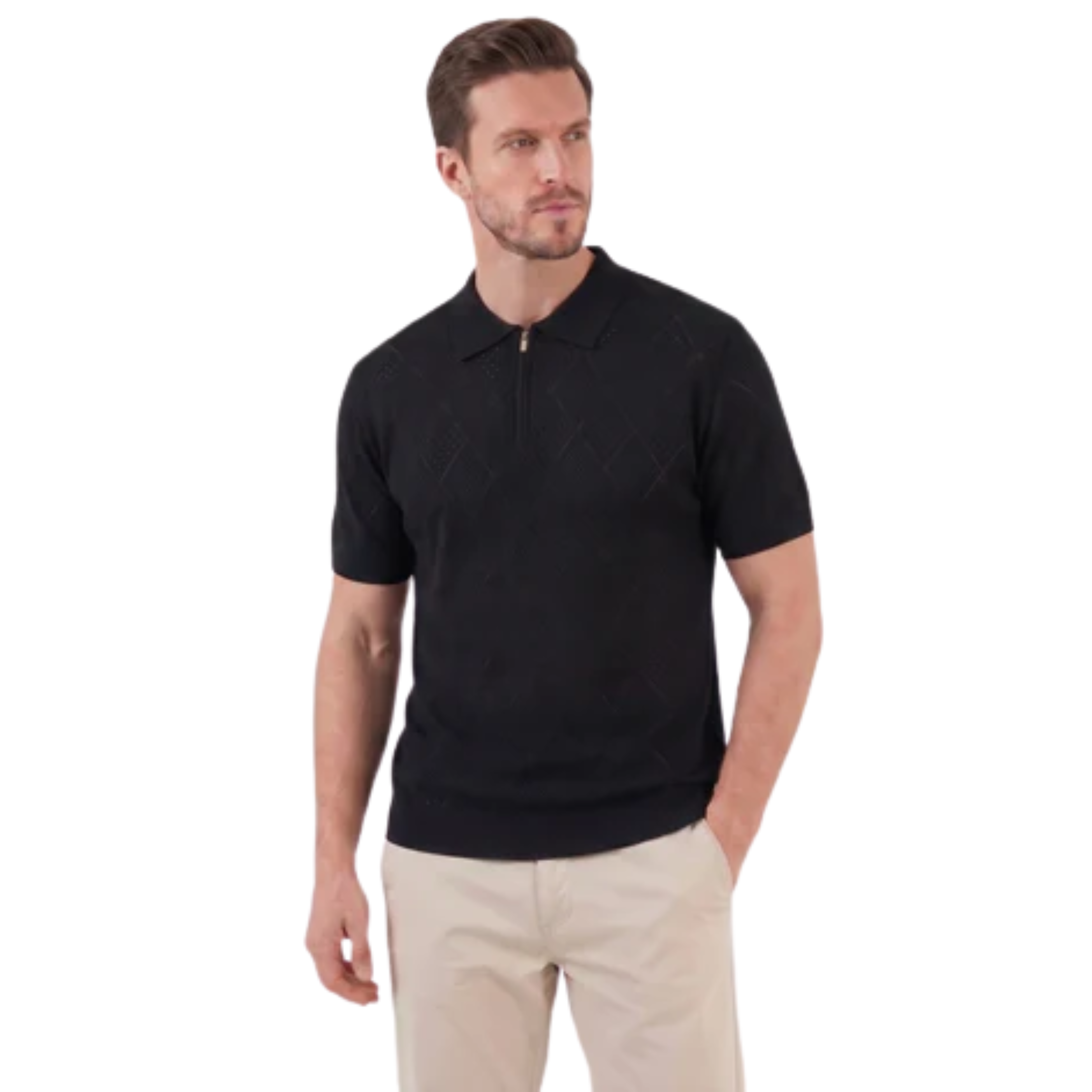 Polo masculino em malha aberta com fecho éclair — viagem