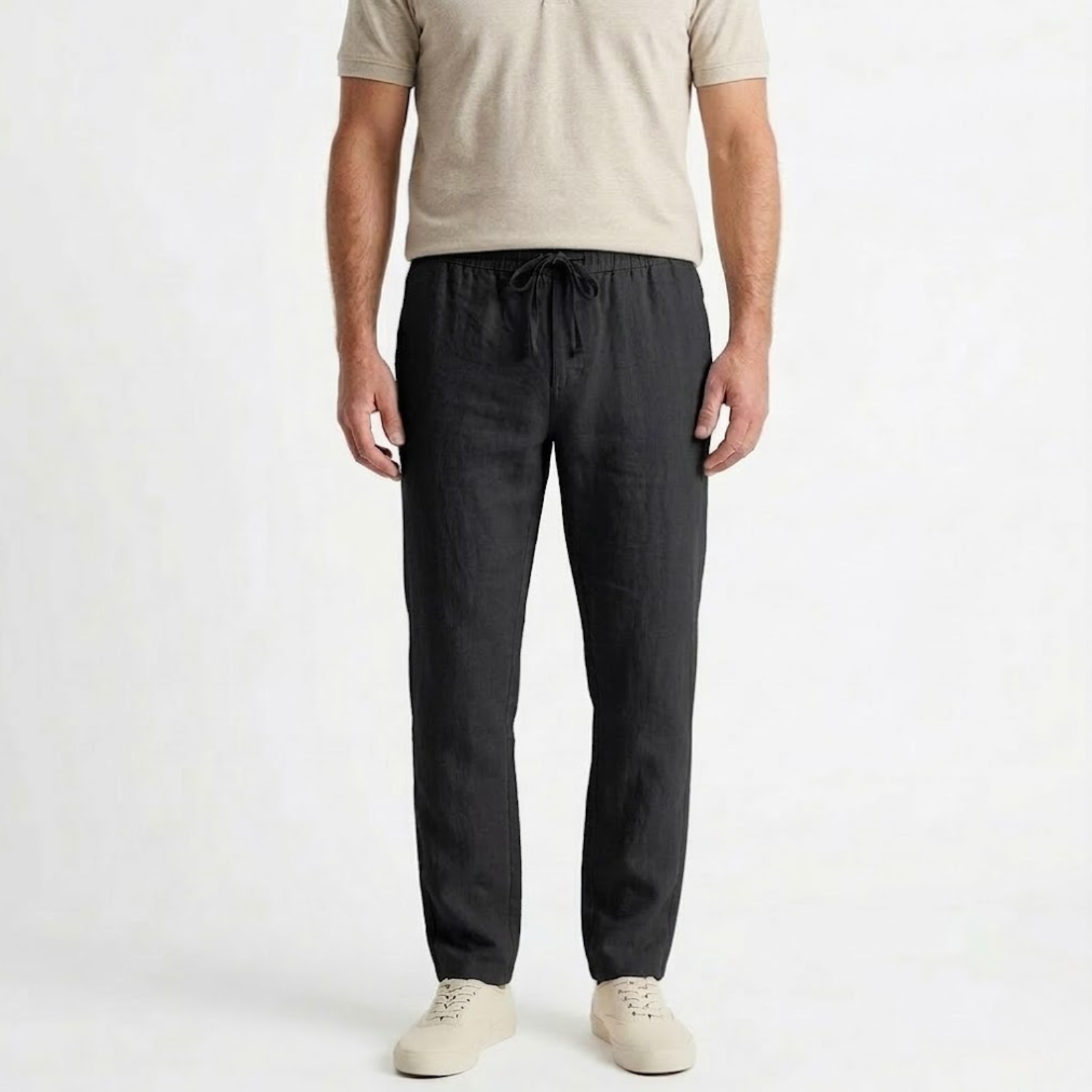 Pantaloni bărbați din bumbac și in cu talie elastică și șnur de strângere