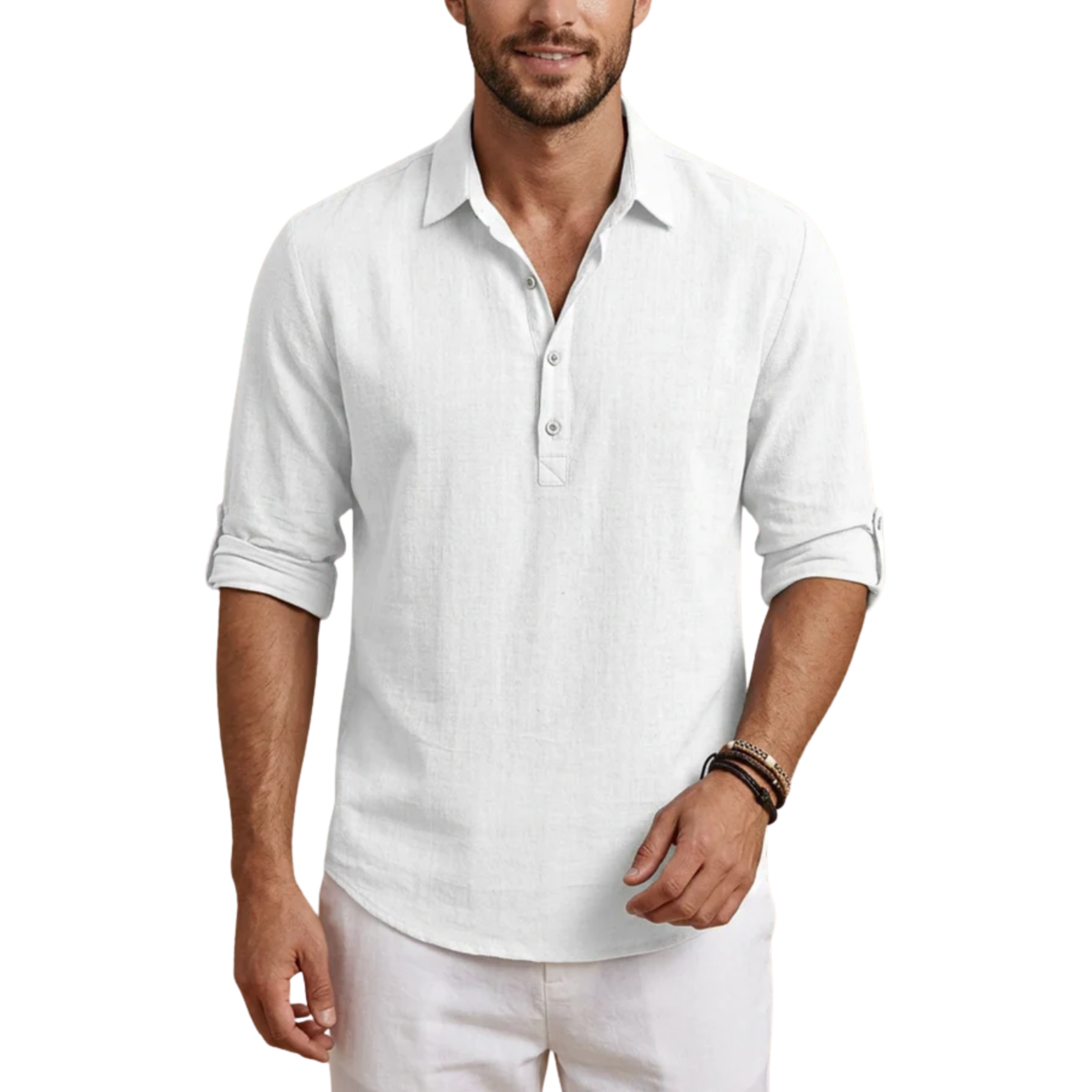 Men's short-sleeve polo — breathable linen blend — vacation