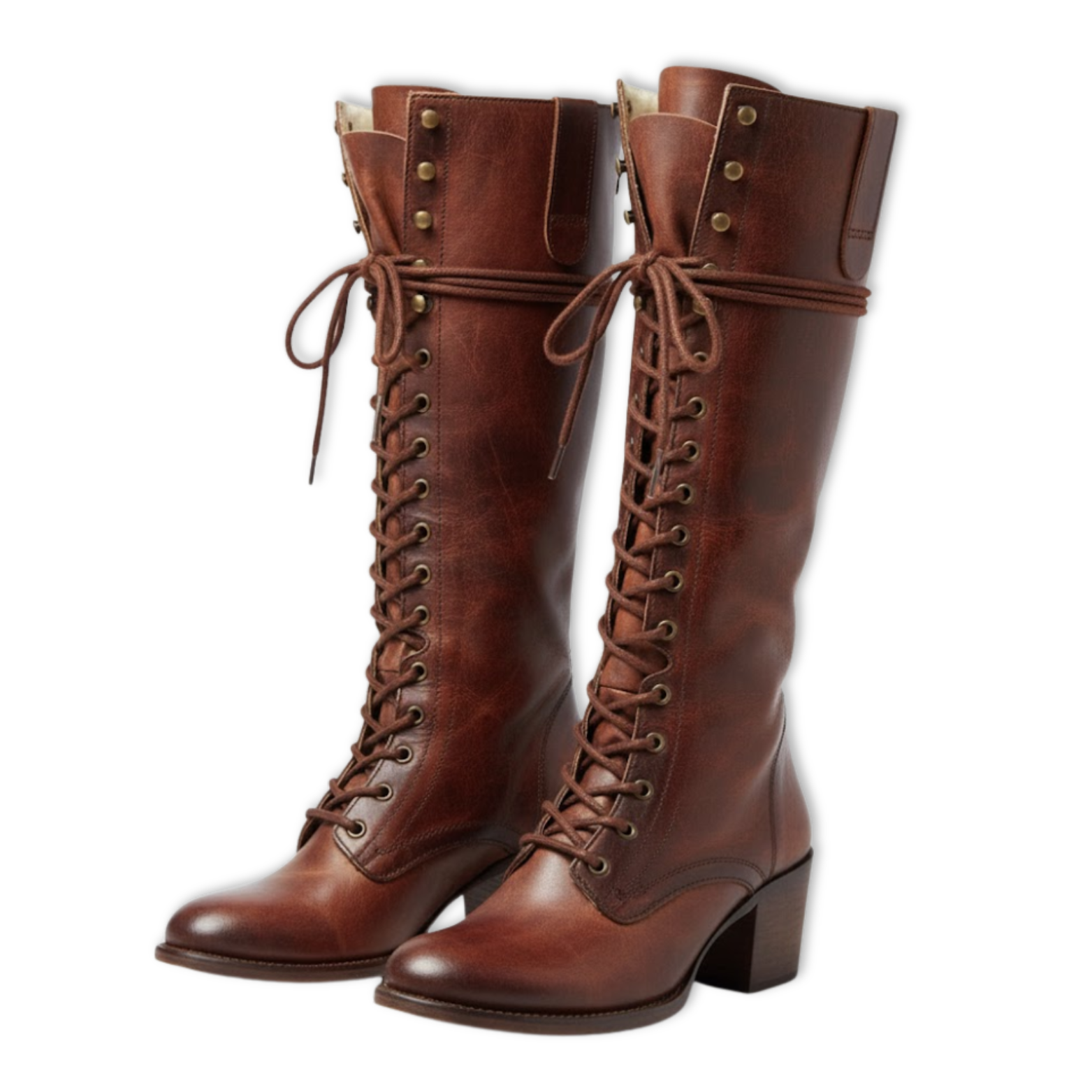 Botas altas de mujer con cordones altos en cuero envejecido con tacón cuadrado y forro suave