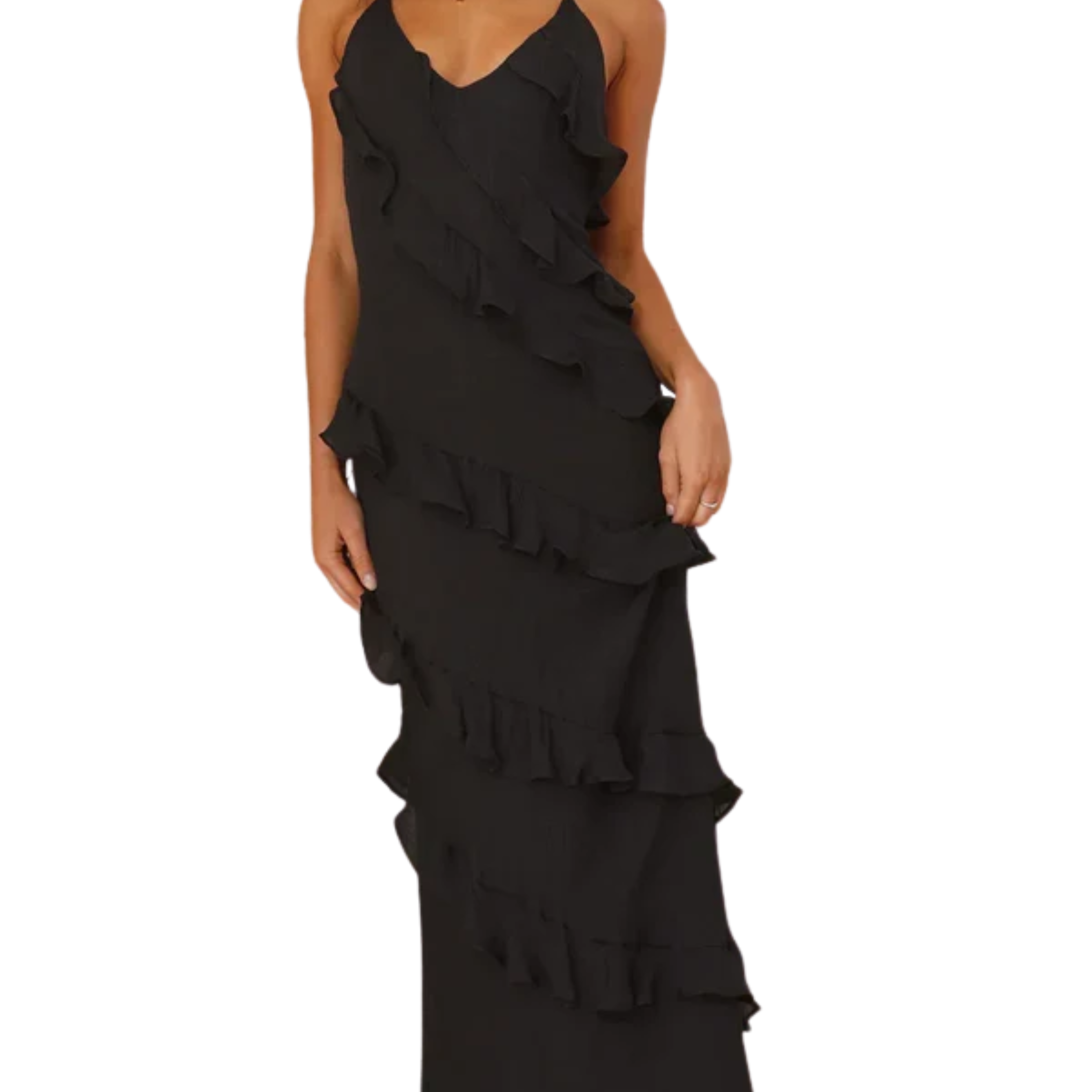 Women's tiered long dress — V halter neck for evening and party — vacation