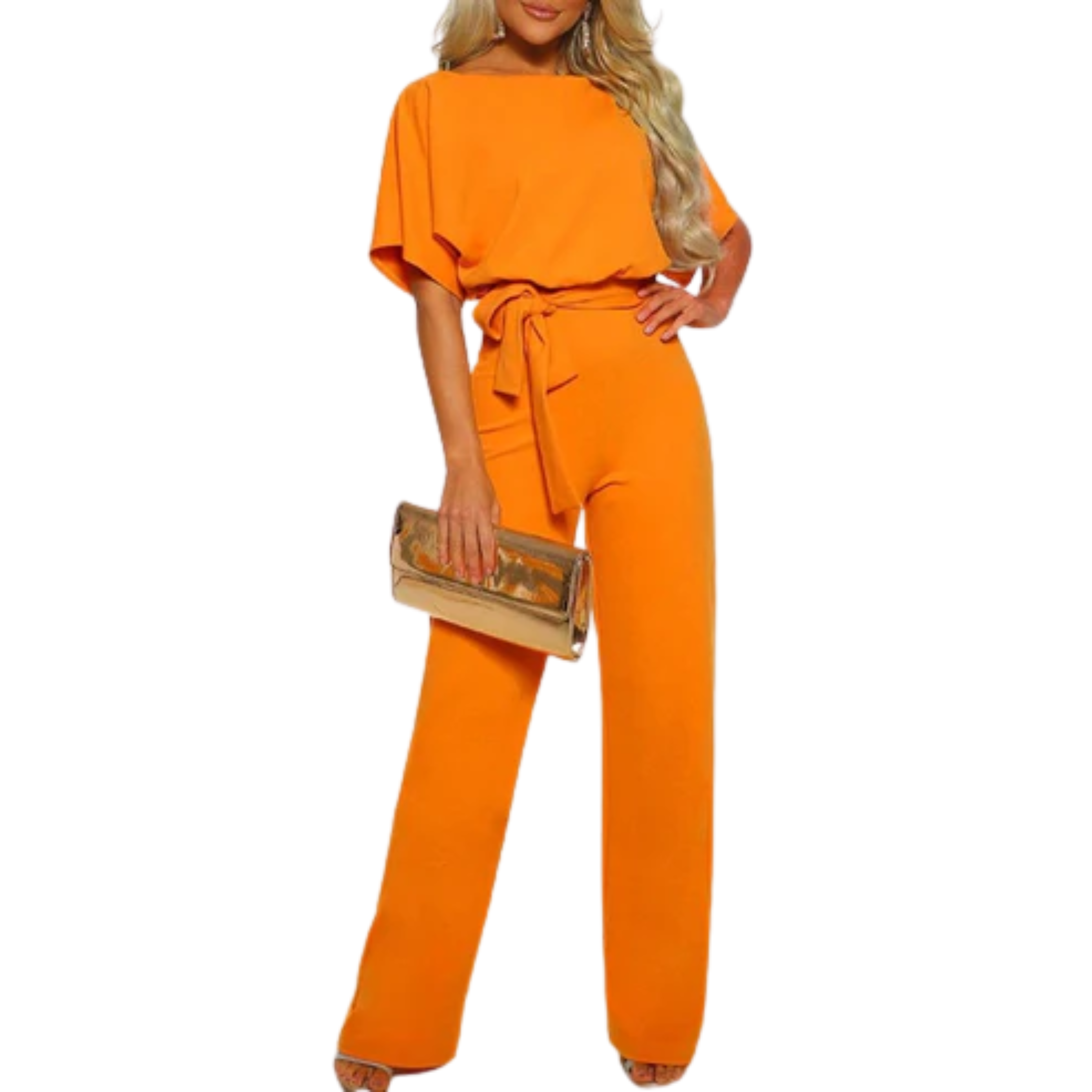 Wide-leg jumpsuit — short sleeves and belt — everyday