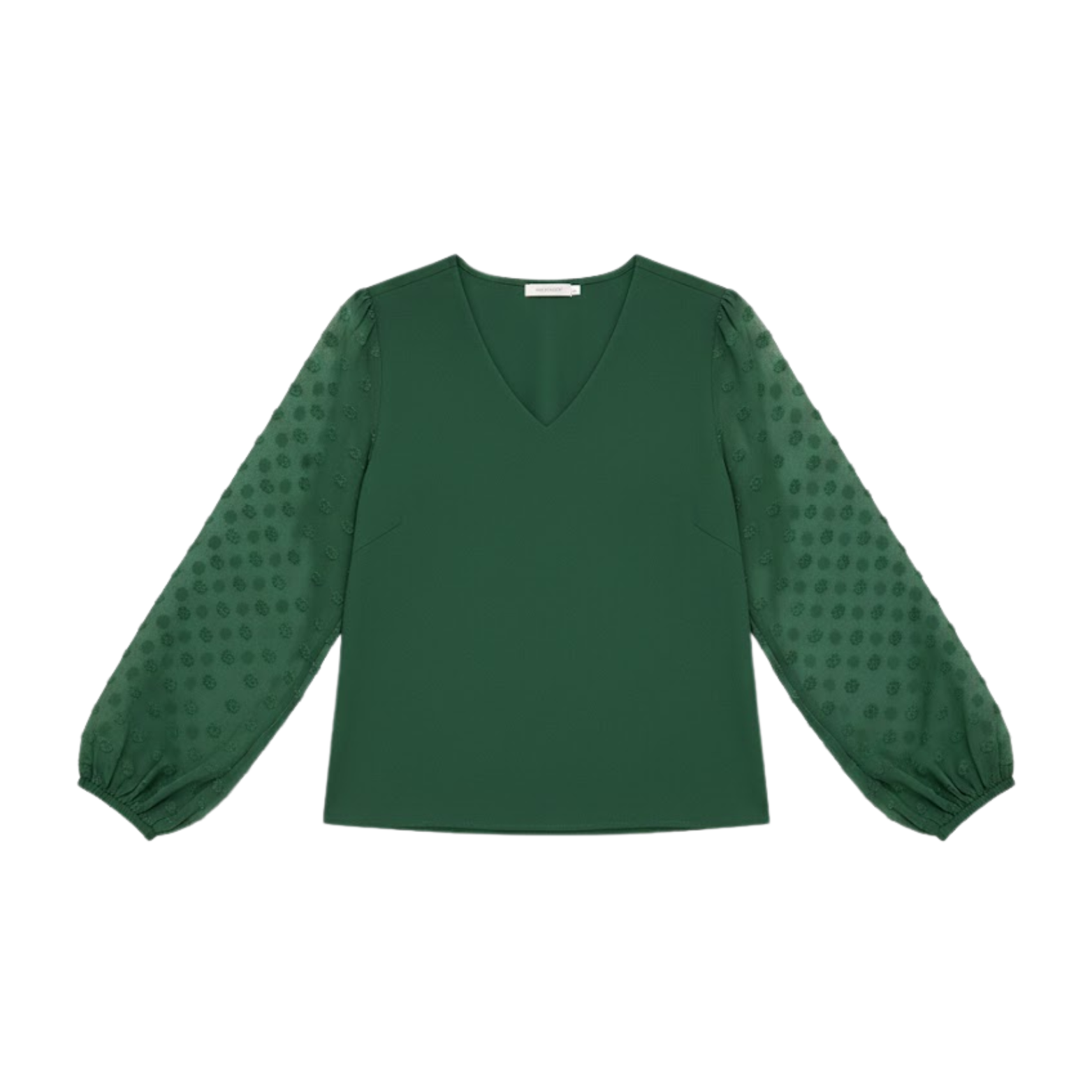 Women's blouse with V-neck, puffed textured sleeves, dotted sheer fabric, flowing