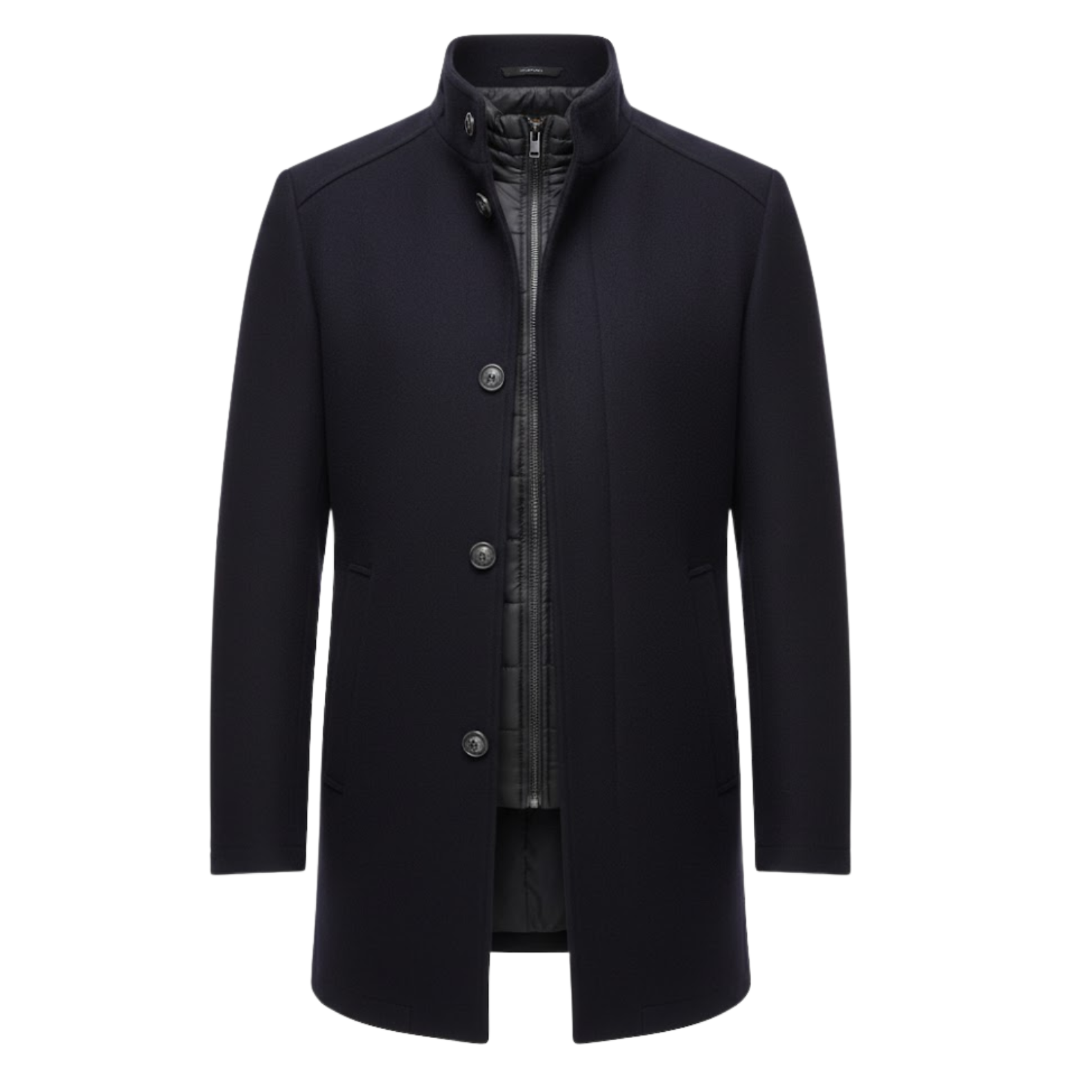 Manteau long en laine à col montant et double boutonnage