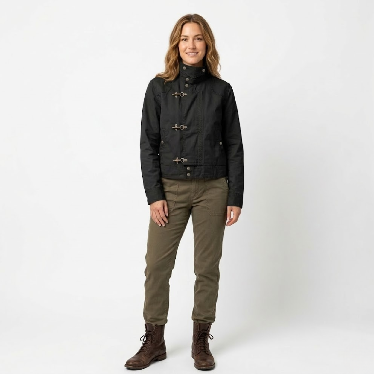 Short Jacket with Stand-Up Collar, Metal Buckles, and Wide Cut Unisex