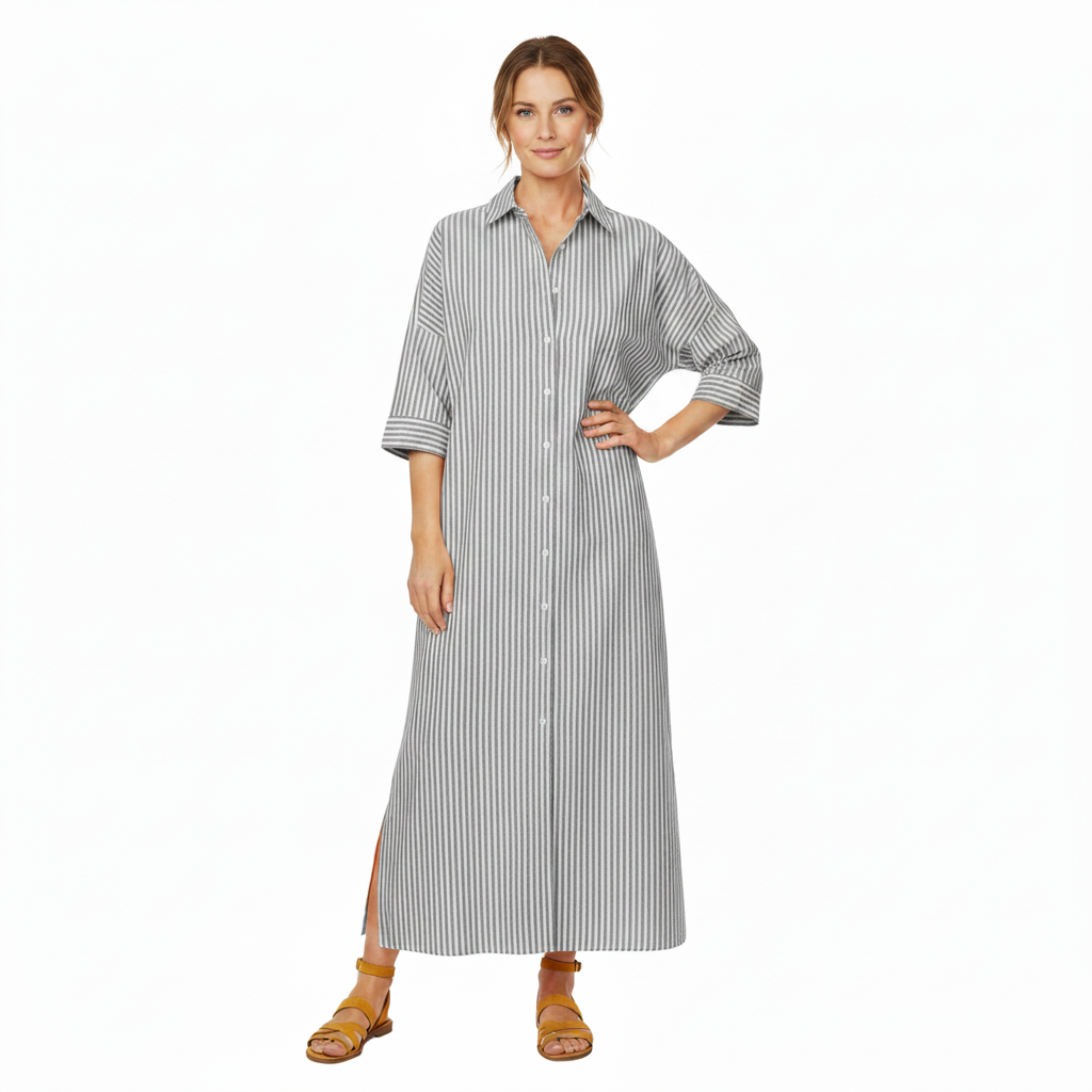 Vestito camicia a righe midi con colletto classico e maniche a tre quarti