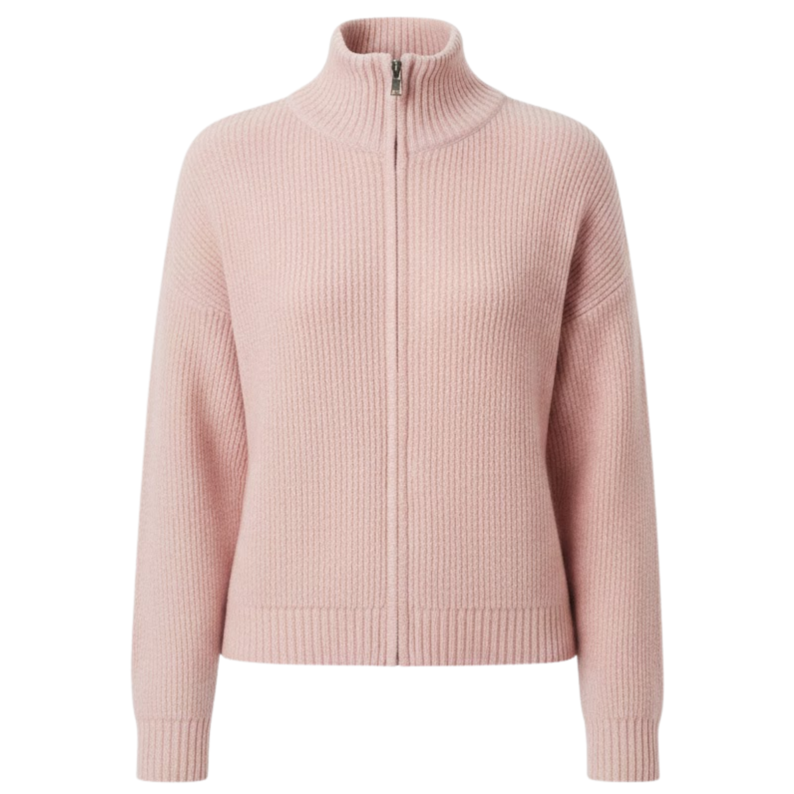 Casual turtleneck sweater, ribbed knit, long-sleeve zip-up cardigan for women