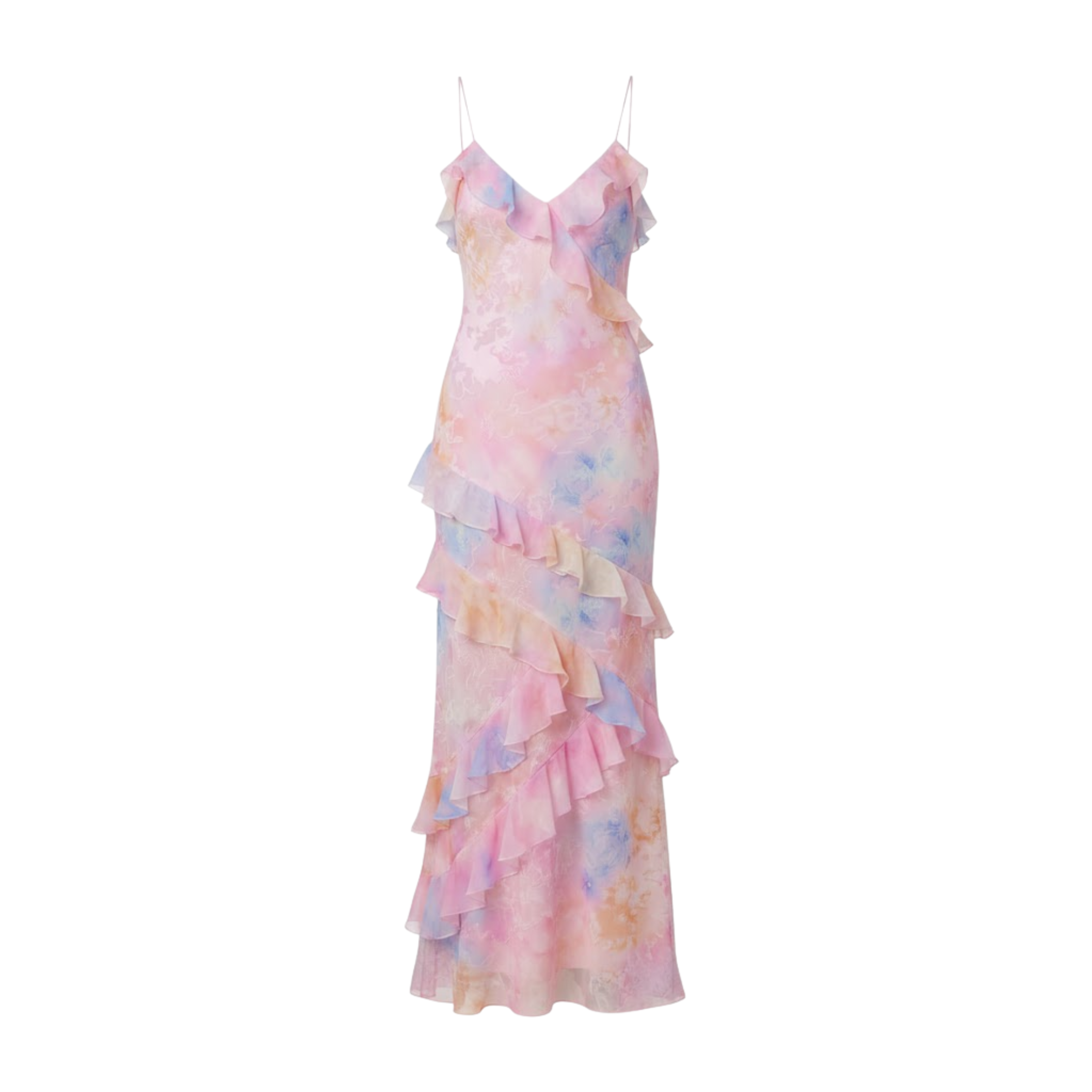 Long Floral Ruffle Dress with V-Neck and Thin Straps