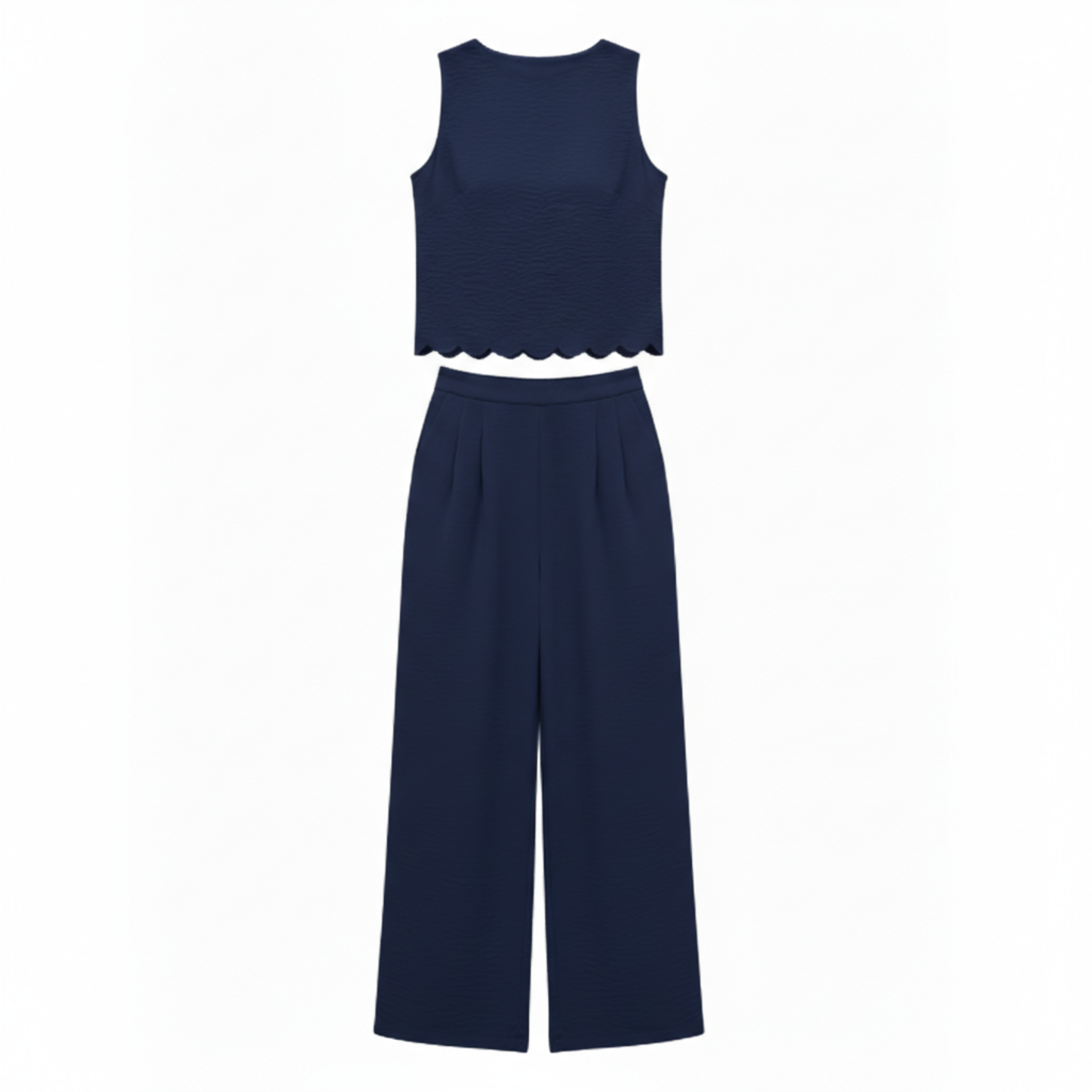 Completo due pezzi donna: top senza maniche con bordo a conchiglia e pantaloni larghi alla caviglia