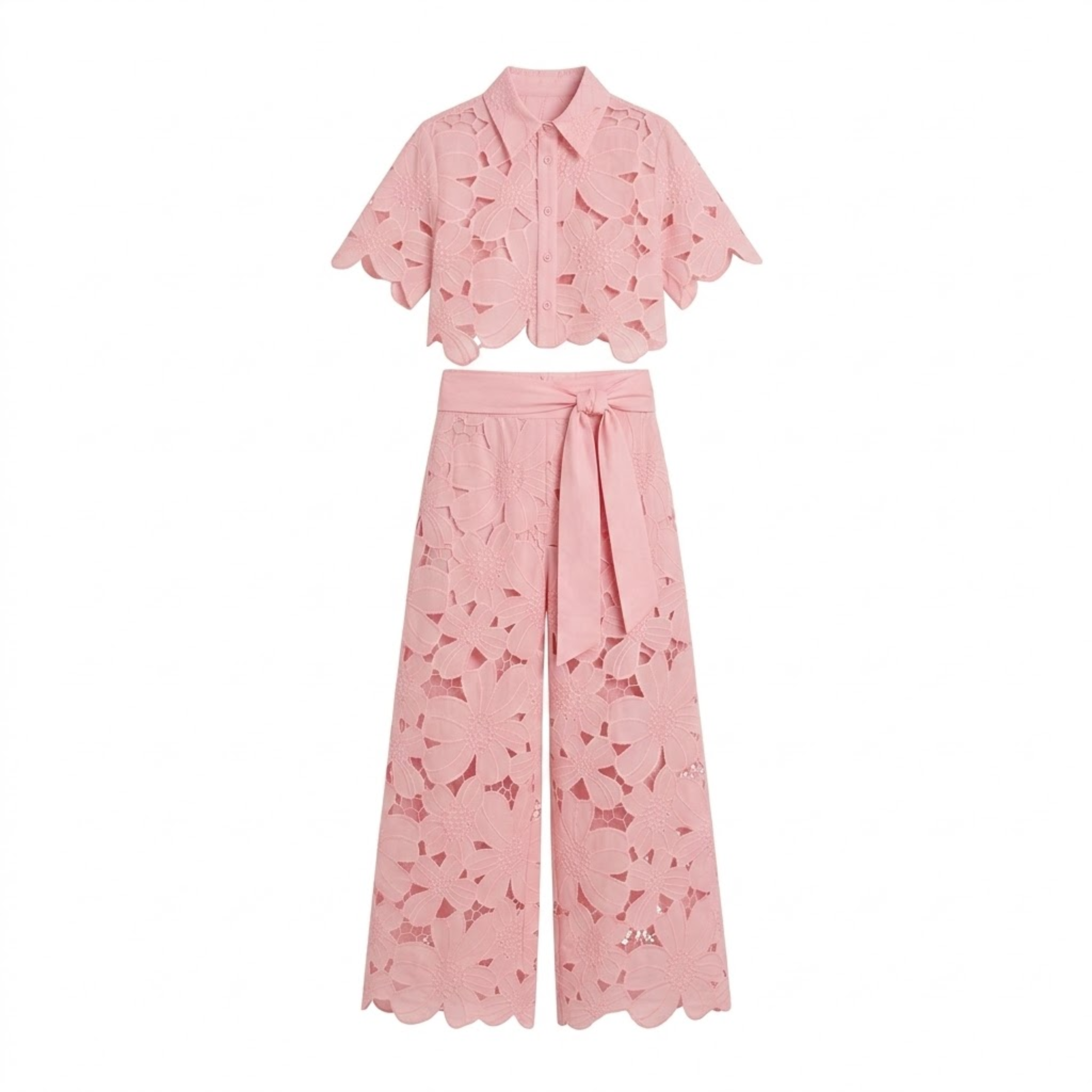 Women's Two-Piece Set with Lace Crop Top and Wide-Leg Pants