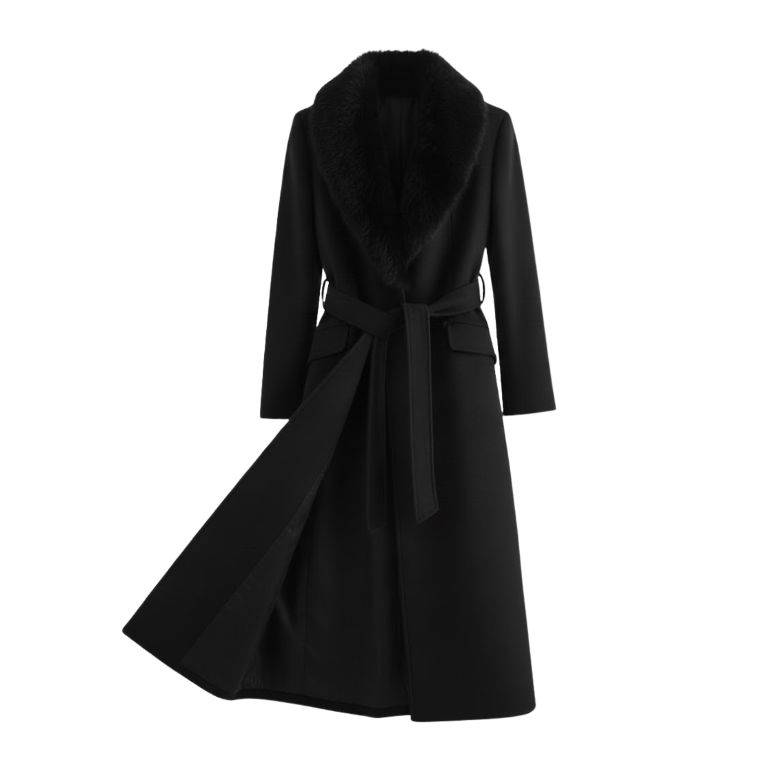 Casaco de Mulher Quente com Cinto e Gola de Pêlo para Outono e Inverno