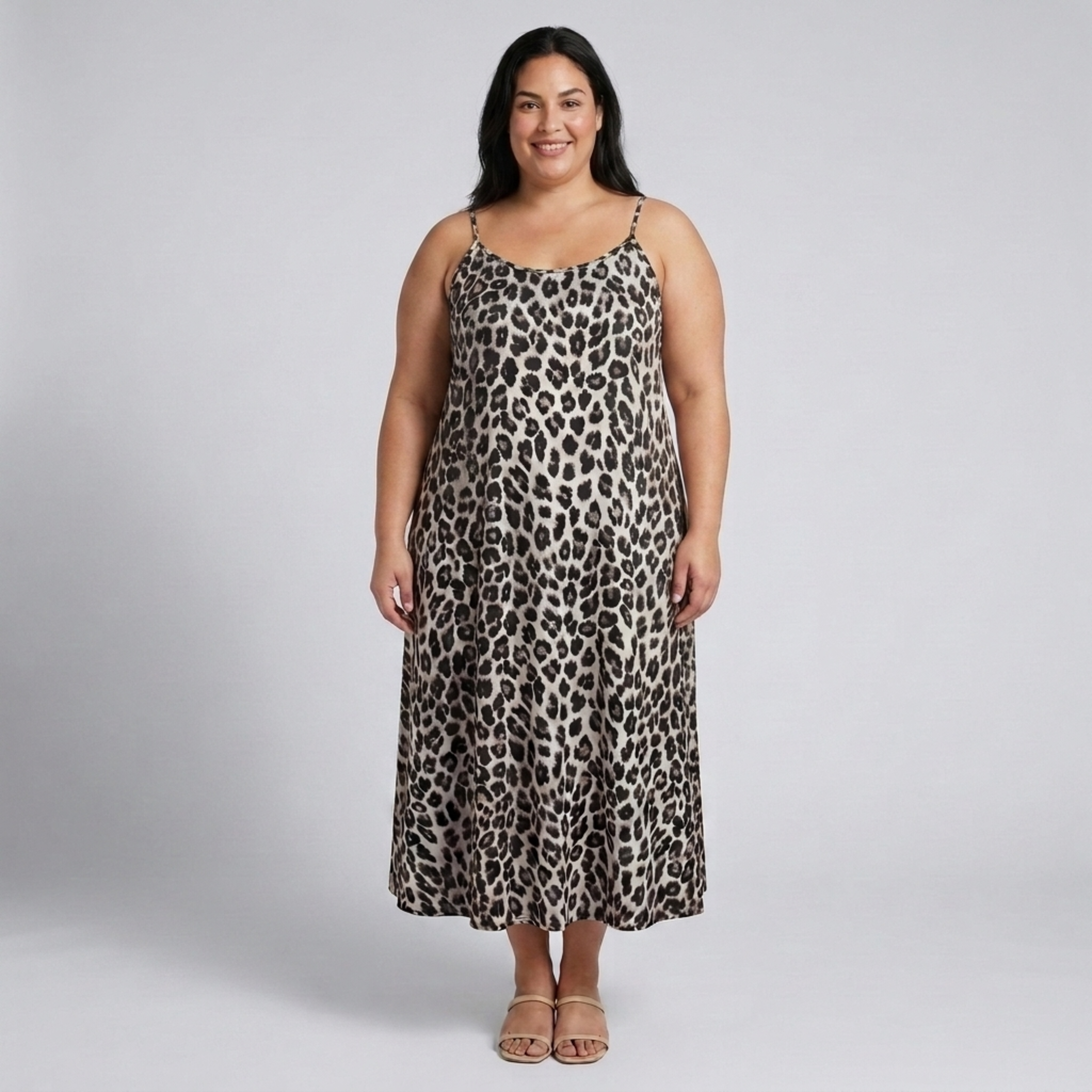 Rochie lungă mărime mare pentru femei cu bretele, imprimeu leopard