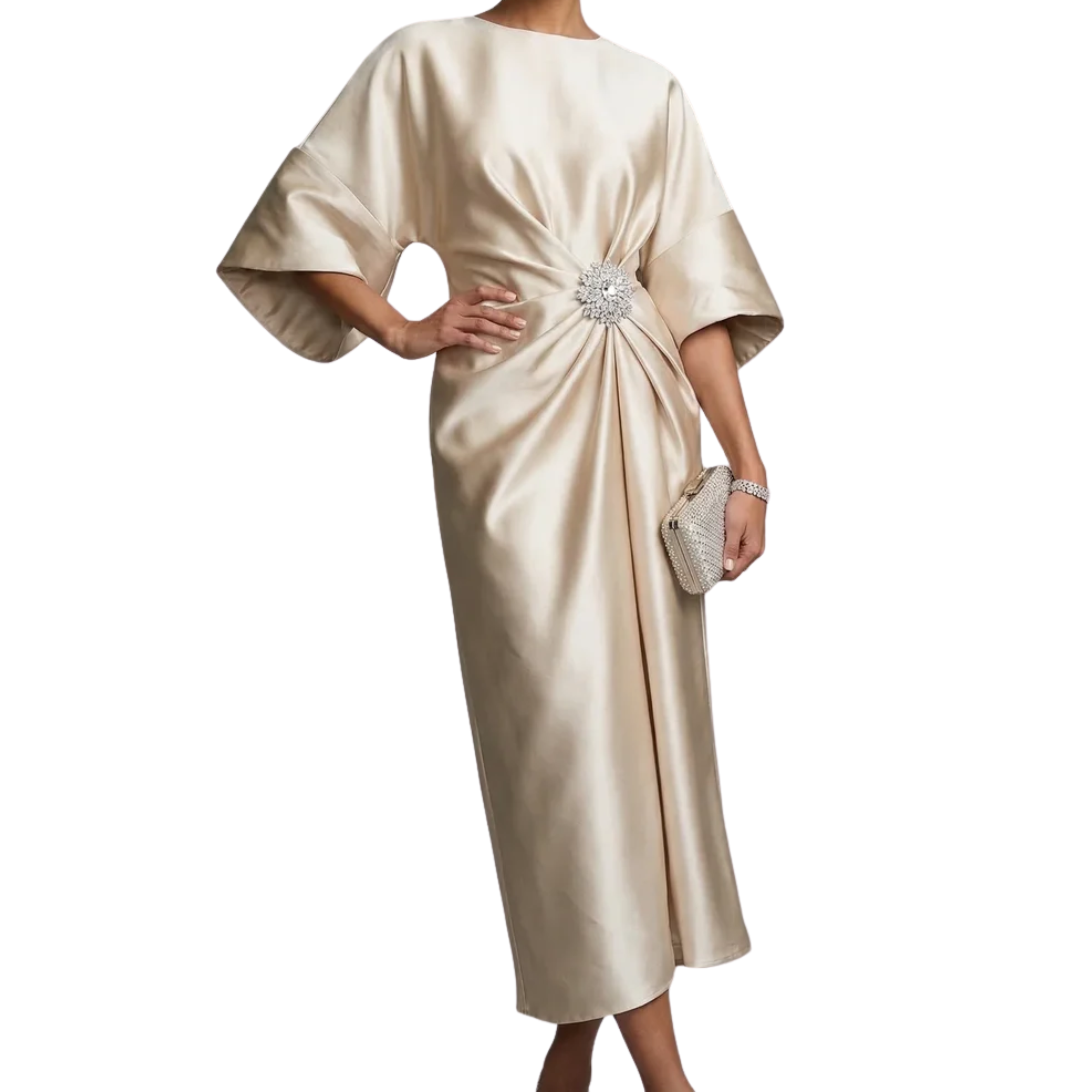 Vestido de Noche Midi Satinado para Invitada de Boda con Mangas Murciélago