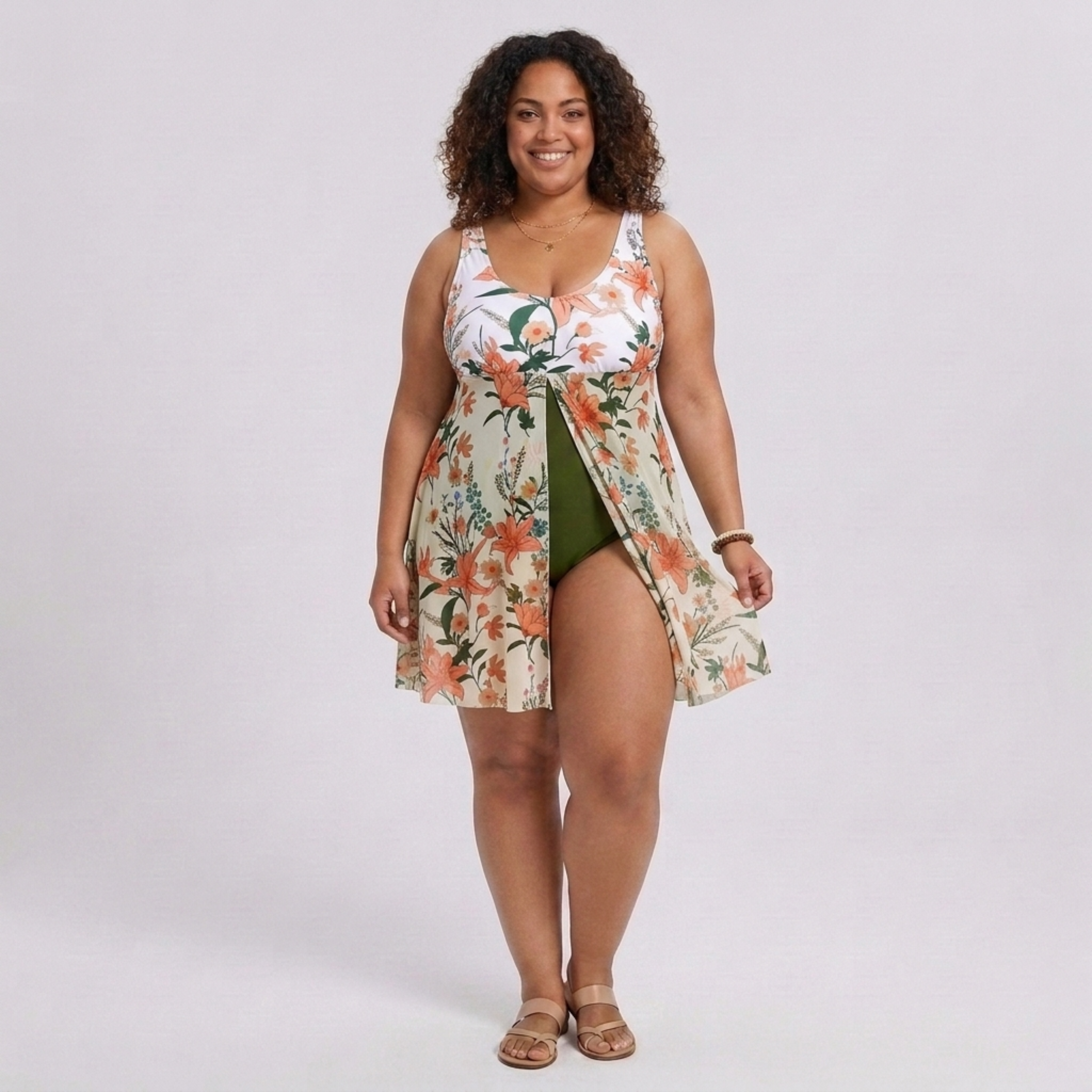 Costum de baie întreg pentru femei mărimi mari, cu pareo integrat și imprimeu floral
