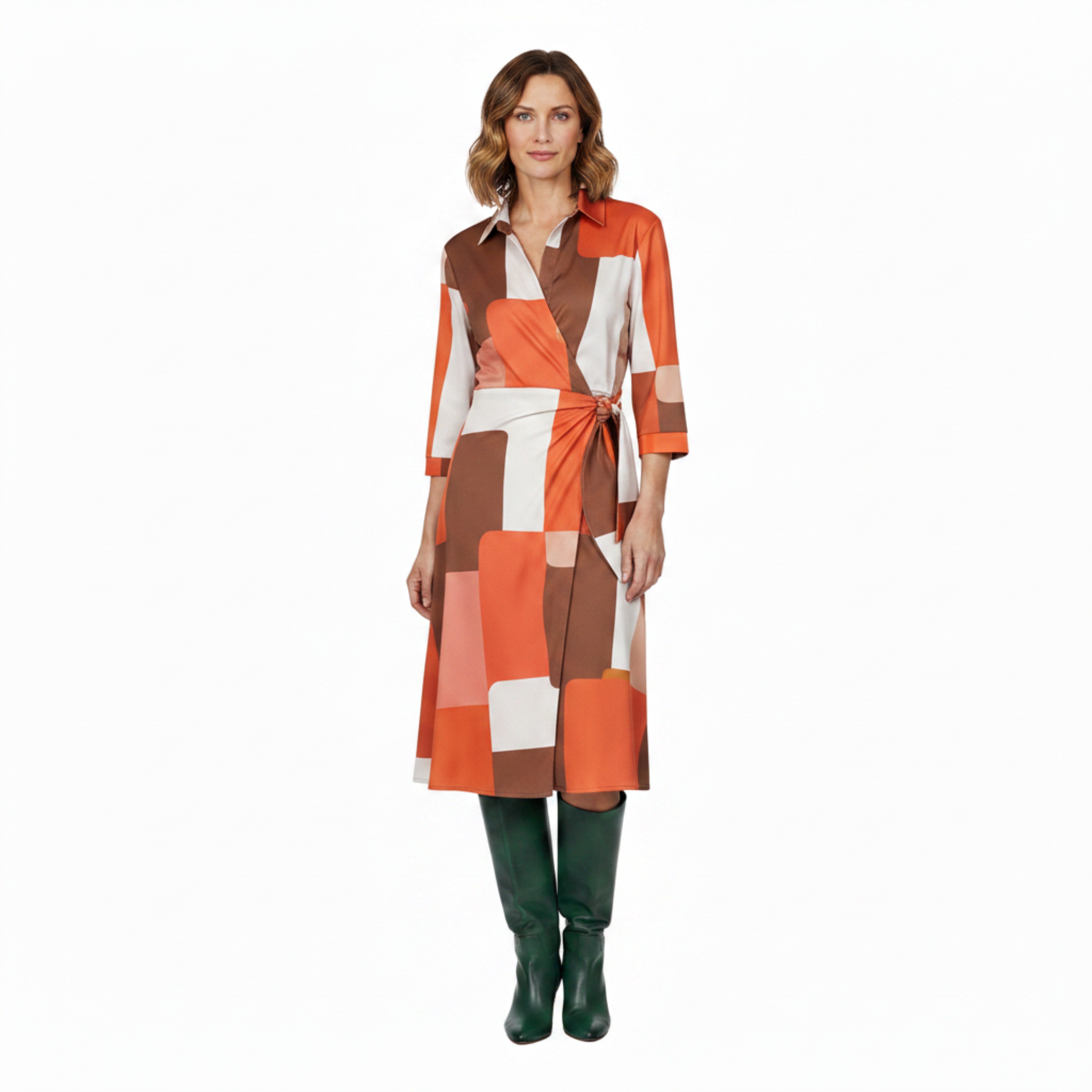 Robe Midi Envelope para Mulher com Estampa Artística e Gola de Camisa