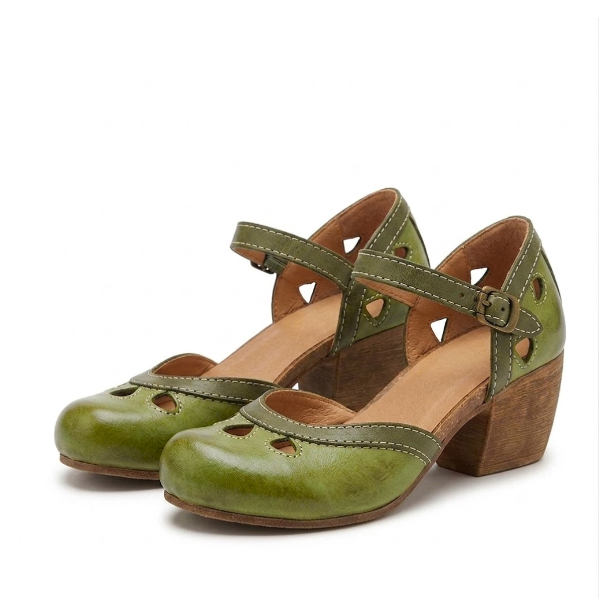 Sandálias de Salto Quadrado para Mulher, Sapatos Retro com Tira no Tornozelo e Biqueira Redonda