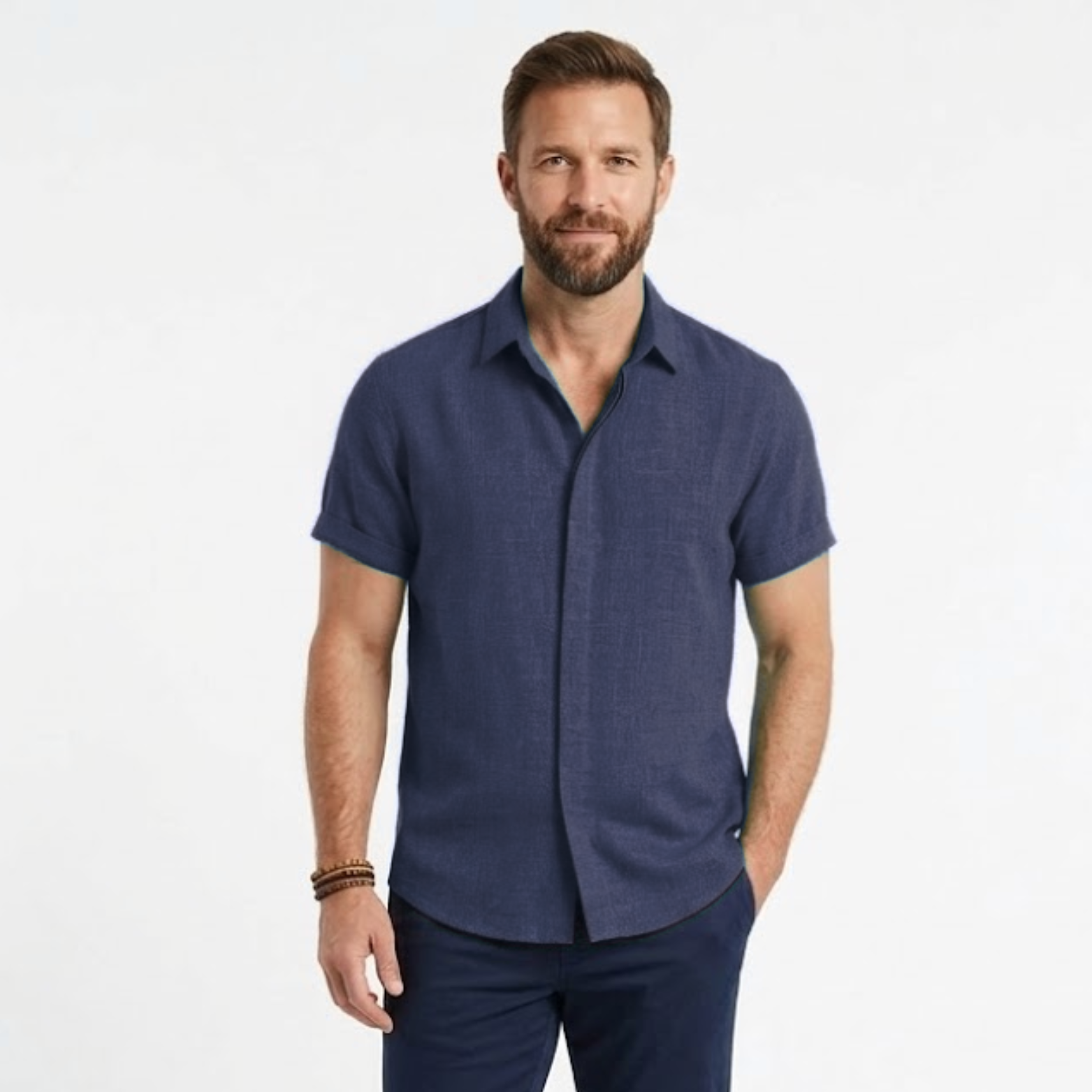 Chemise en Coton et Lin à Manches Courtes avec Col Rabattu pour Homme