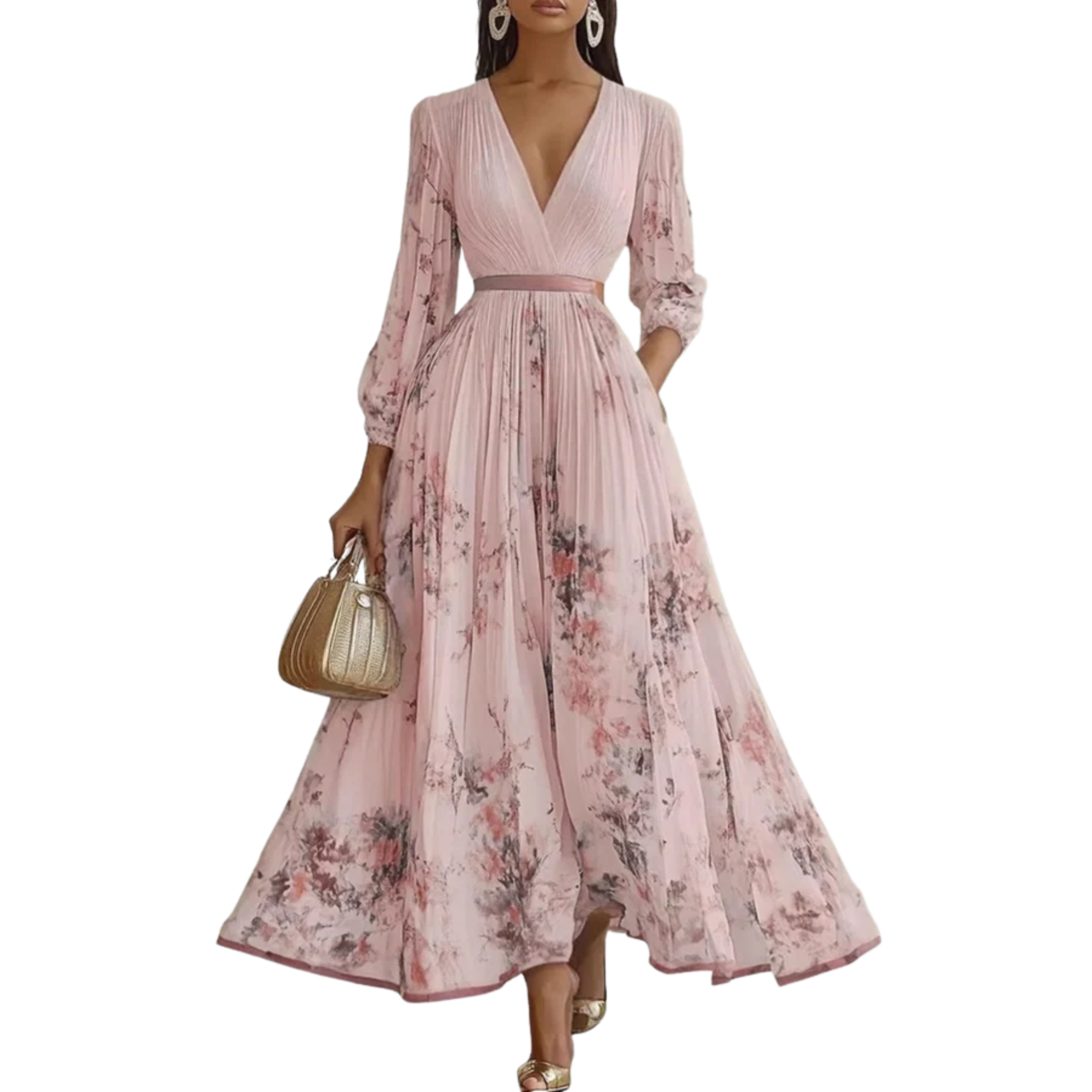 Mid-length floral dress — V-neck and pleated skirt with pockets — vacation