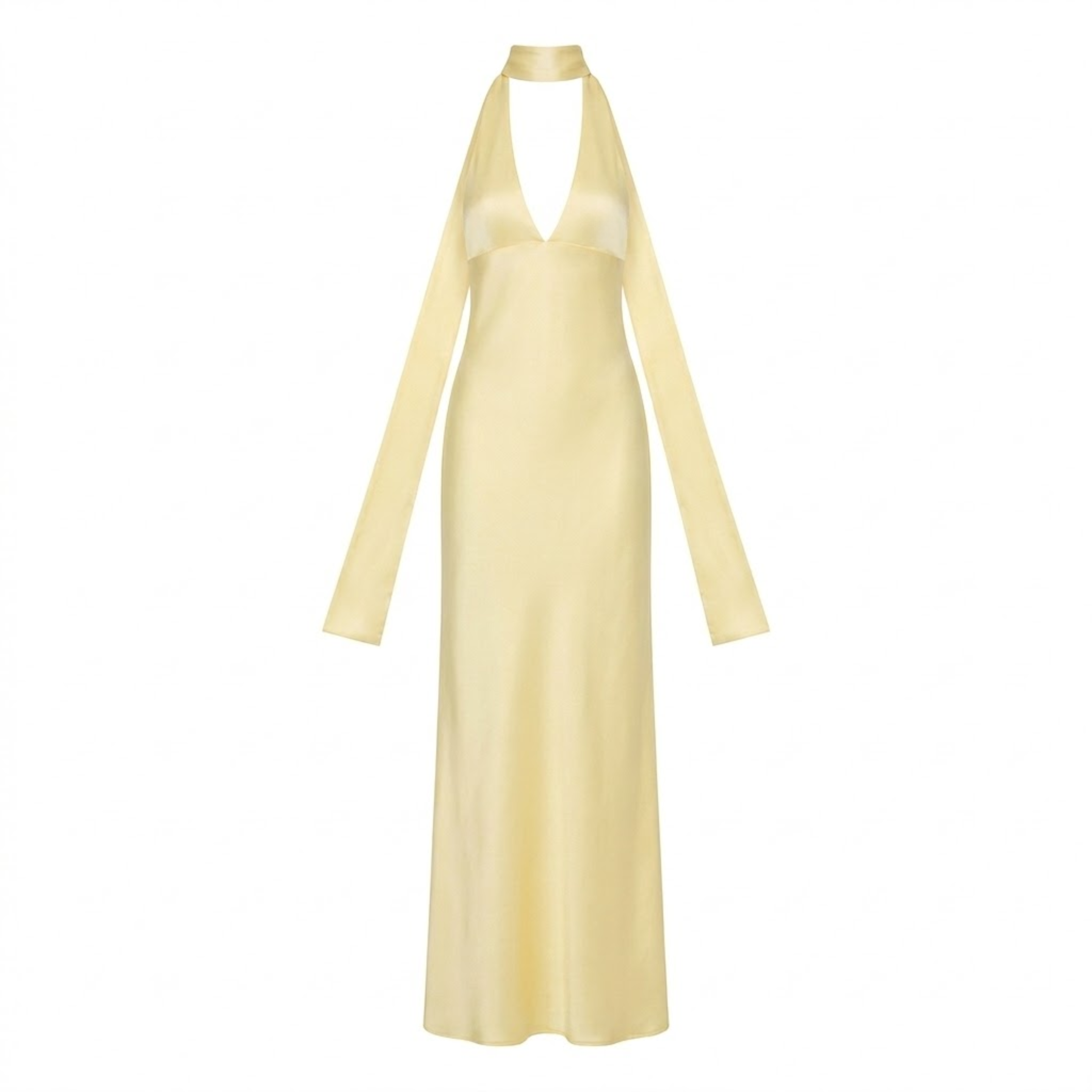 Long Evening Dress in Polyester with Deep V-Neck and Open Back for Women
