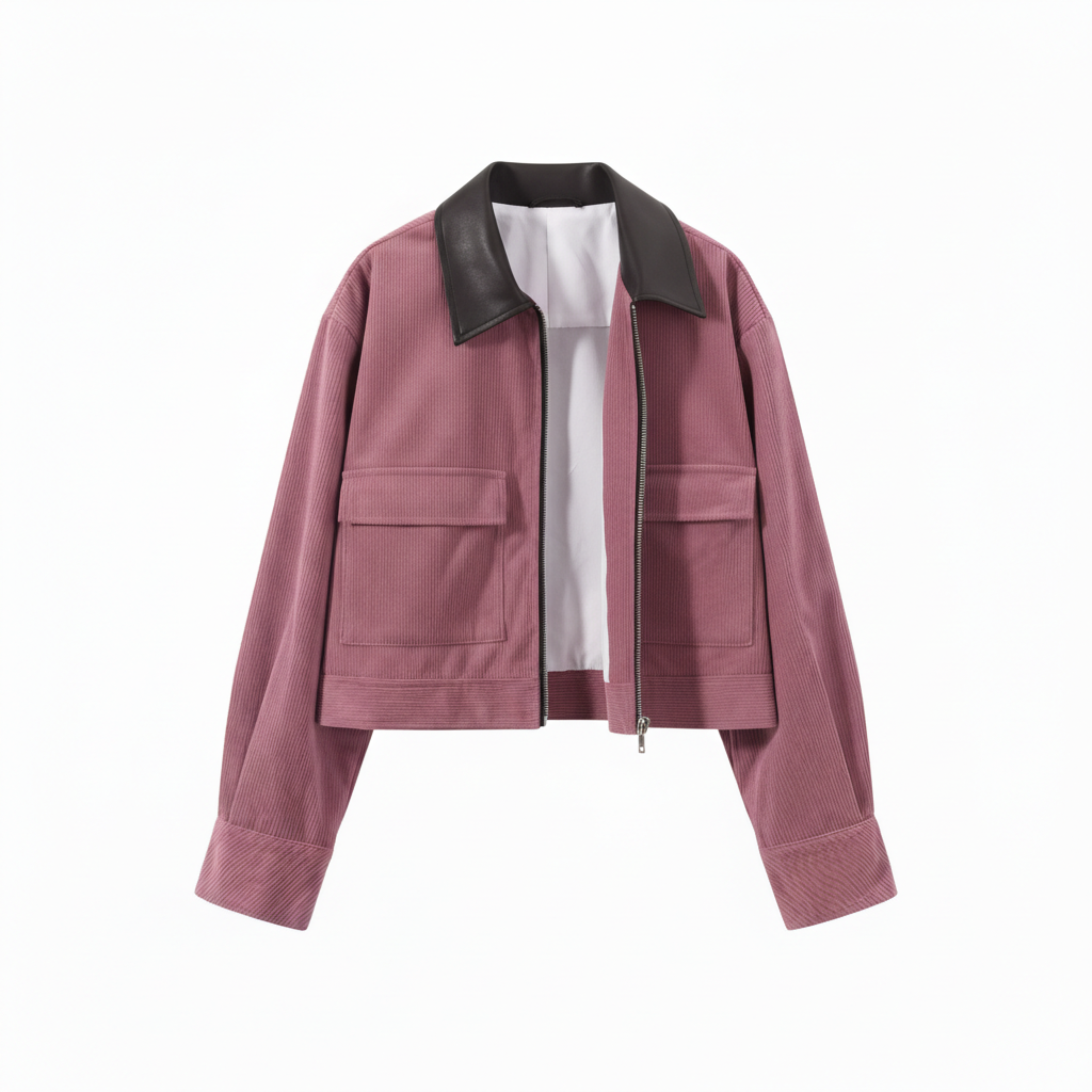 Veste Courte en Velours Côtelé à Col Contrasté et Fermeture Éclair pour Femme