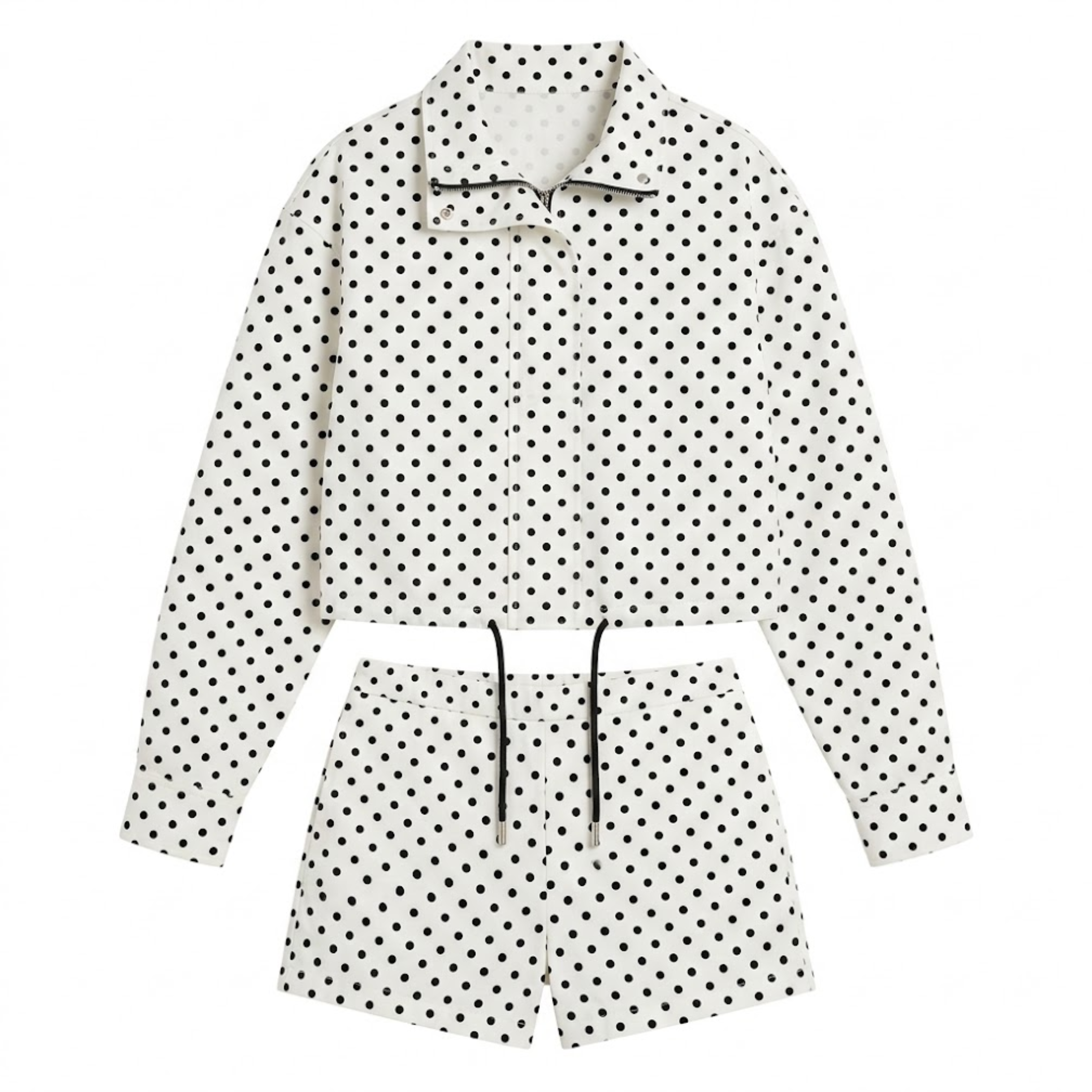 Veste Bomber Imprimée à Pois en Polyester avec Col Montant et Fermeture Éclair