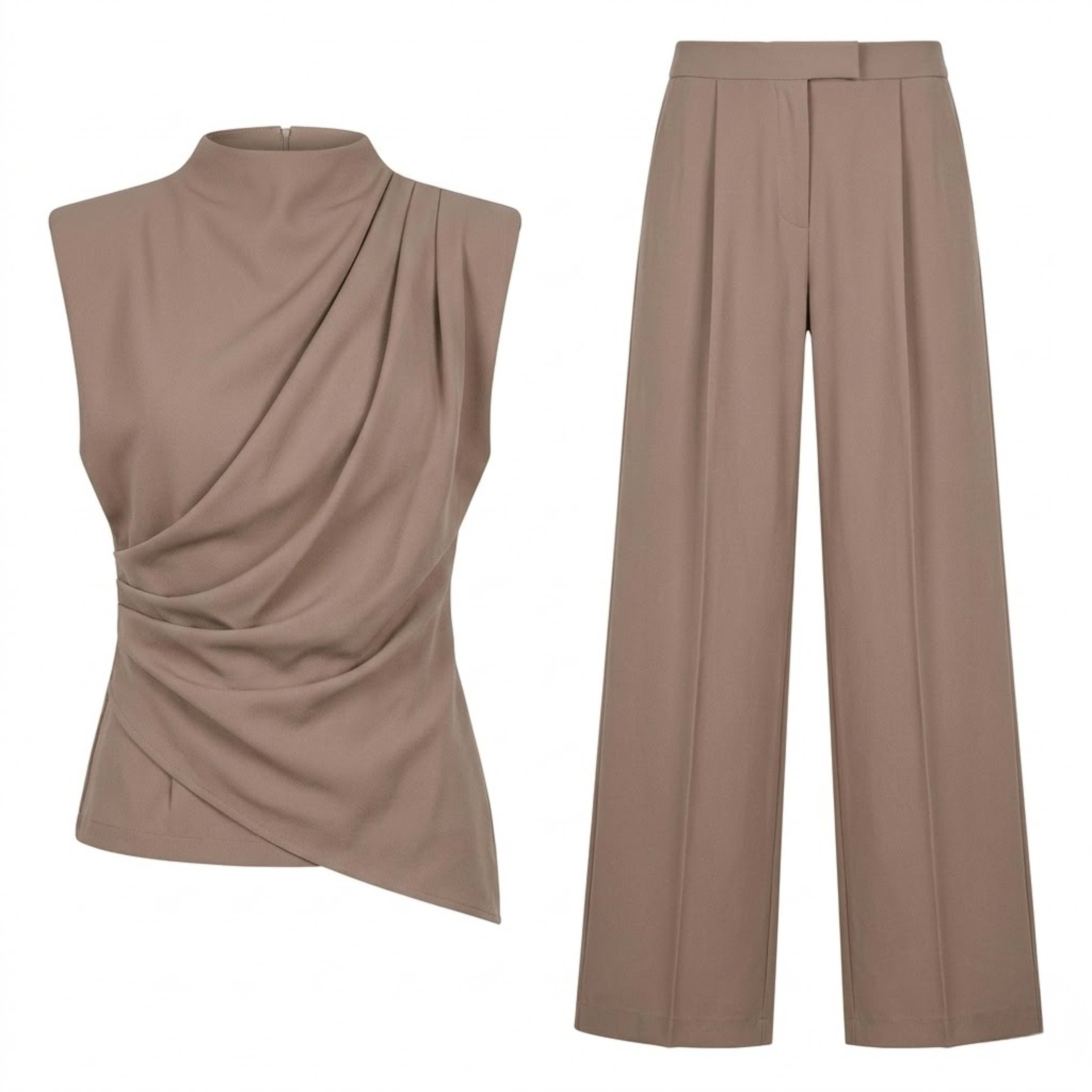 Conjunto de dos piezas para mujer con top sin mangas drapeado y pantalón ancho fluido