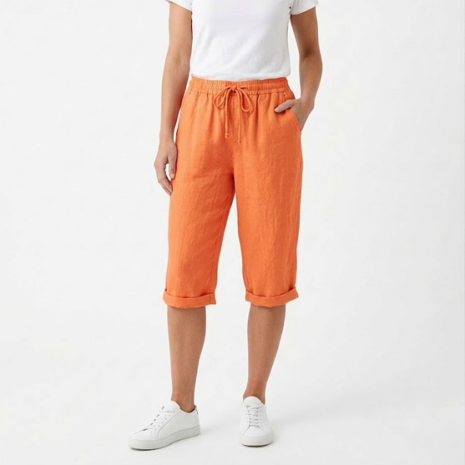 Pantaloni scurți din bumbac și in cu talie elastică și buzunare pentru femei