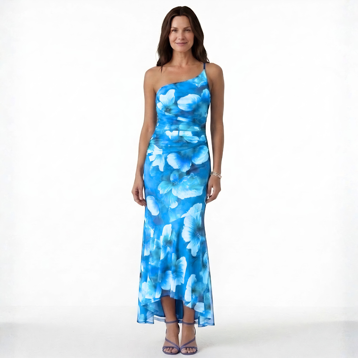Robe Maxi Asymétrique à Imprimé Floral avec Fronces et Ourlet Queue de Poisson