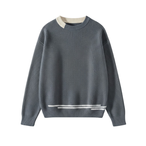 Men's Korean Round Neck Fitted Sweater with Patchwork Details