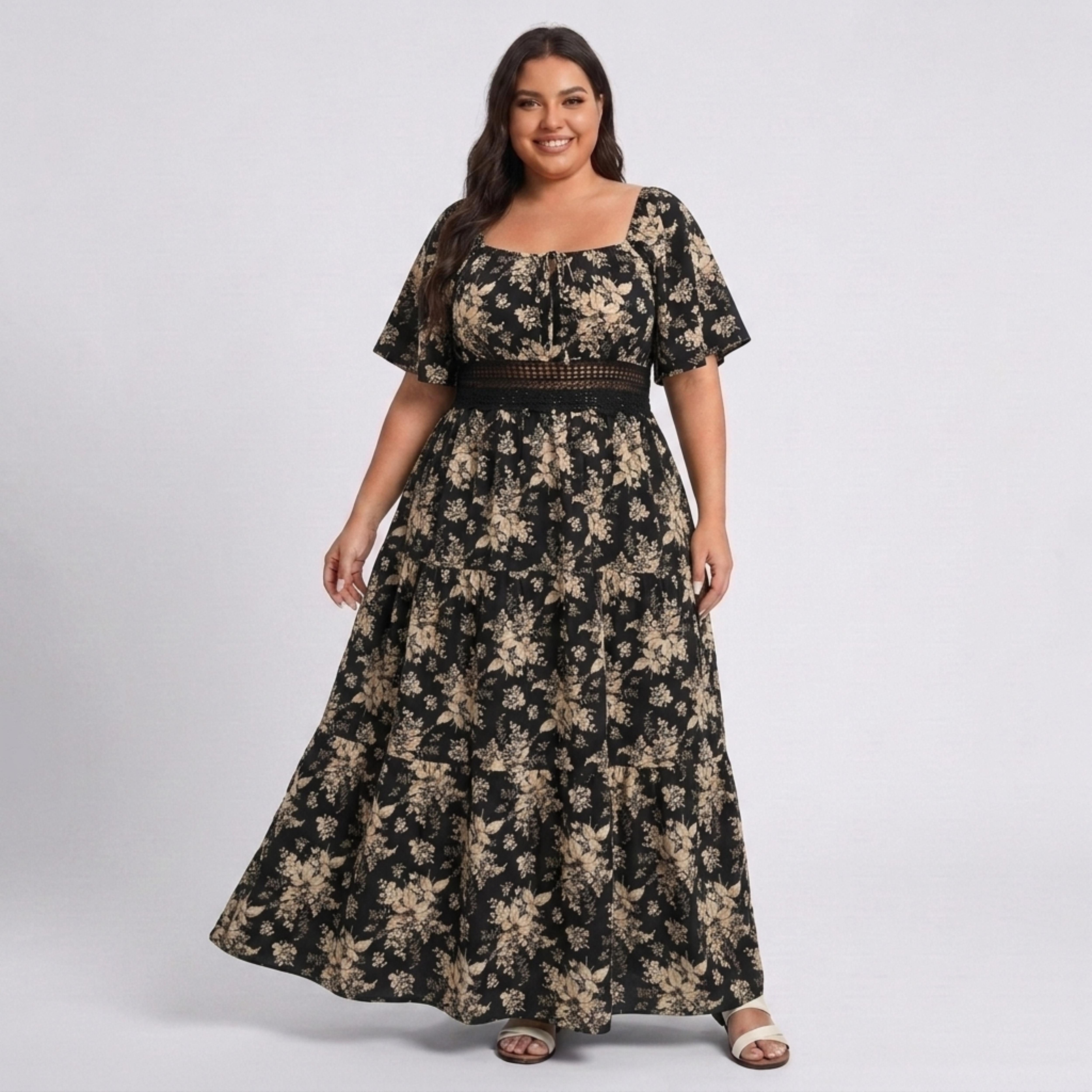 Rochie lungă mărime mare cu imprimeu rustic, guler pătrat și mâneci fluture