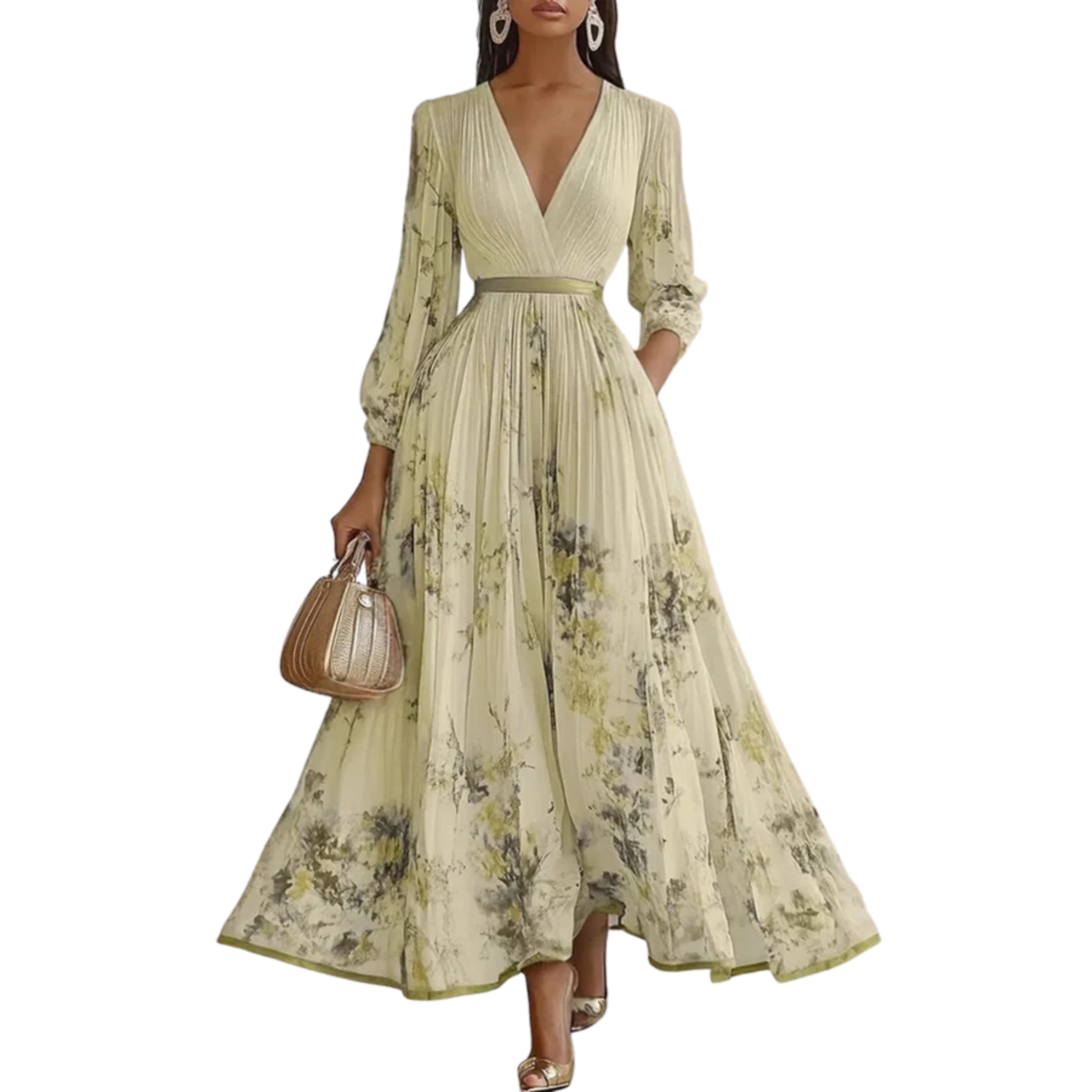 Mid-length floral dress — V-neck and pleated skirt with pockets — vacation