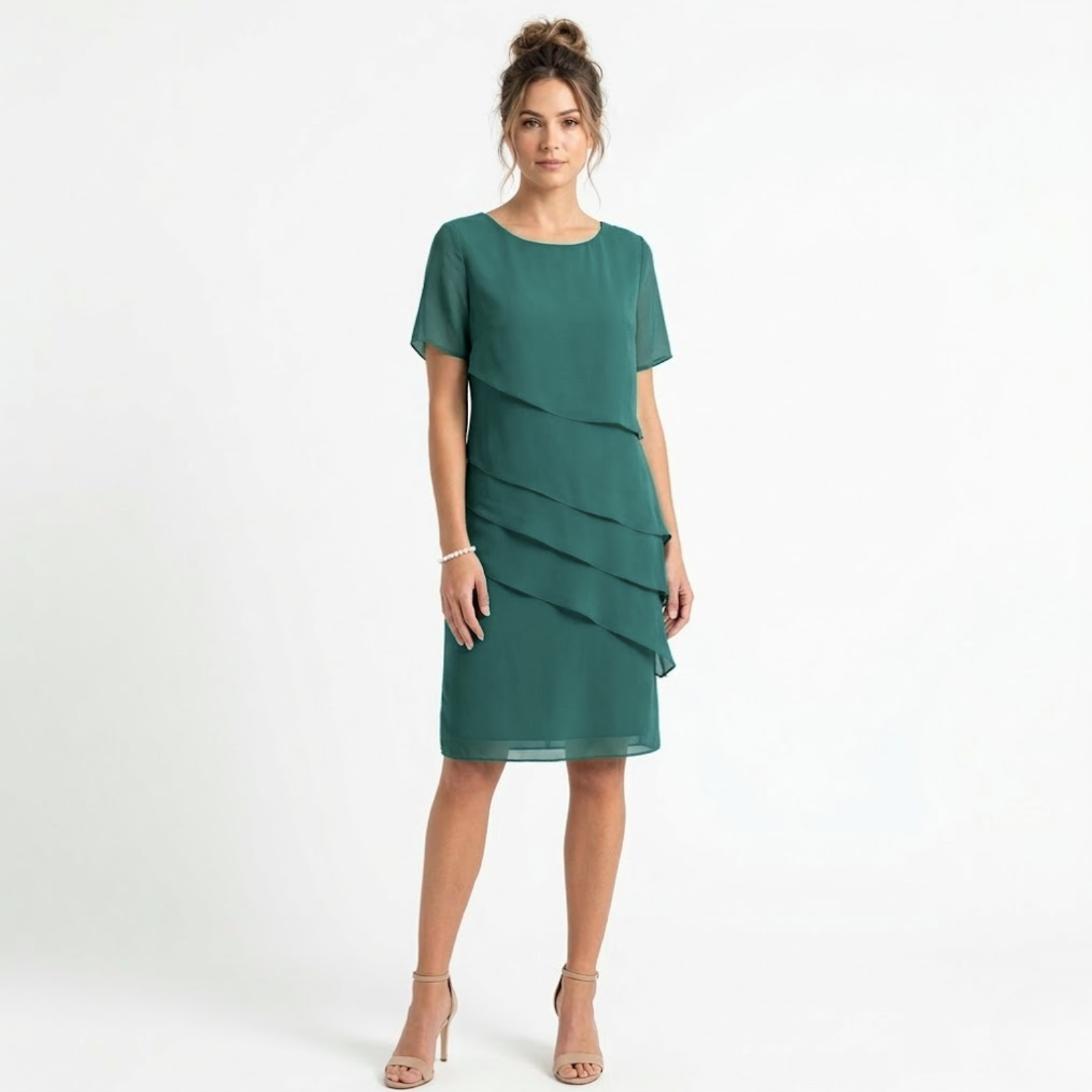 Robe de Soirée Élégante en Mousseline à Volants Superposés et Col Rond