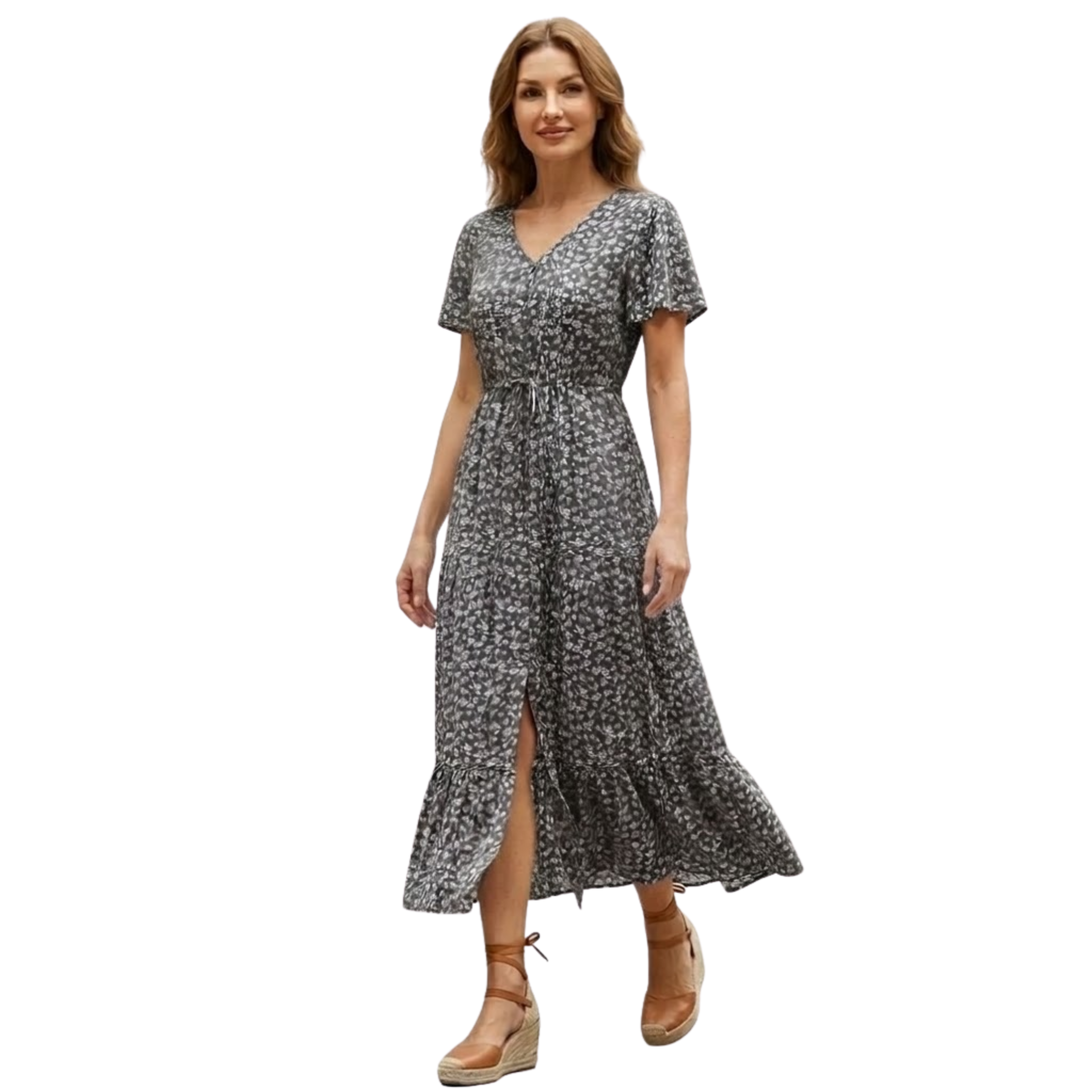 Floral Cotton Long Dress with V-Neck and Front Buttons for Women