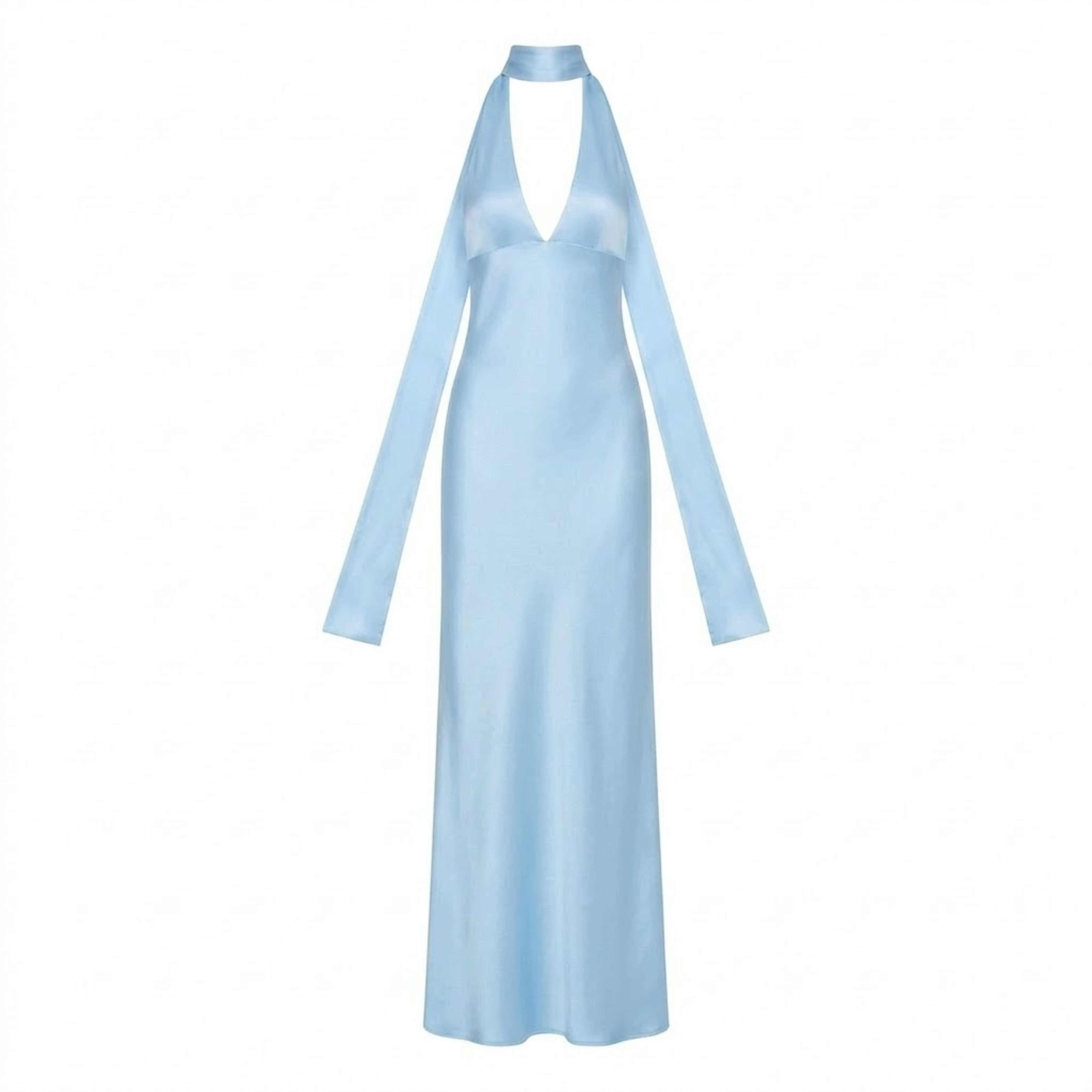 Long Evening Dress in Polyester with Deep V-Neck and Open Back for Women