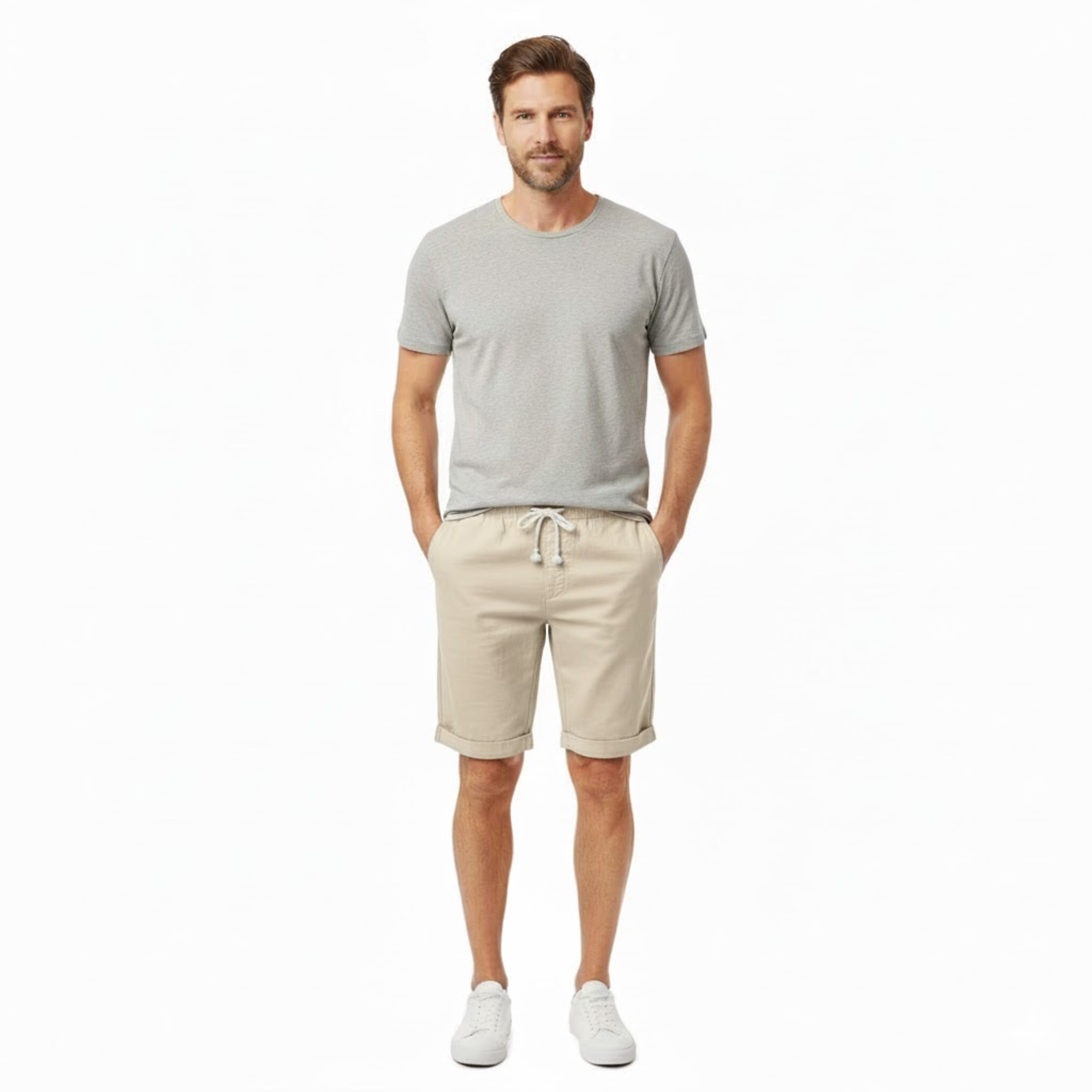 Shorts für Herren aus 100 % Leinen mit elastischem Bund und Kordelzug, gerade geschnitten