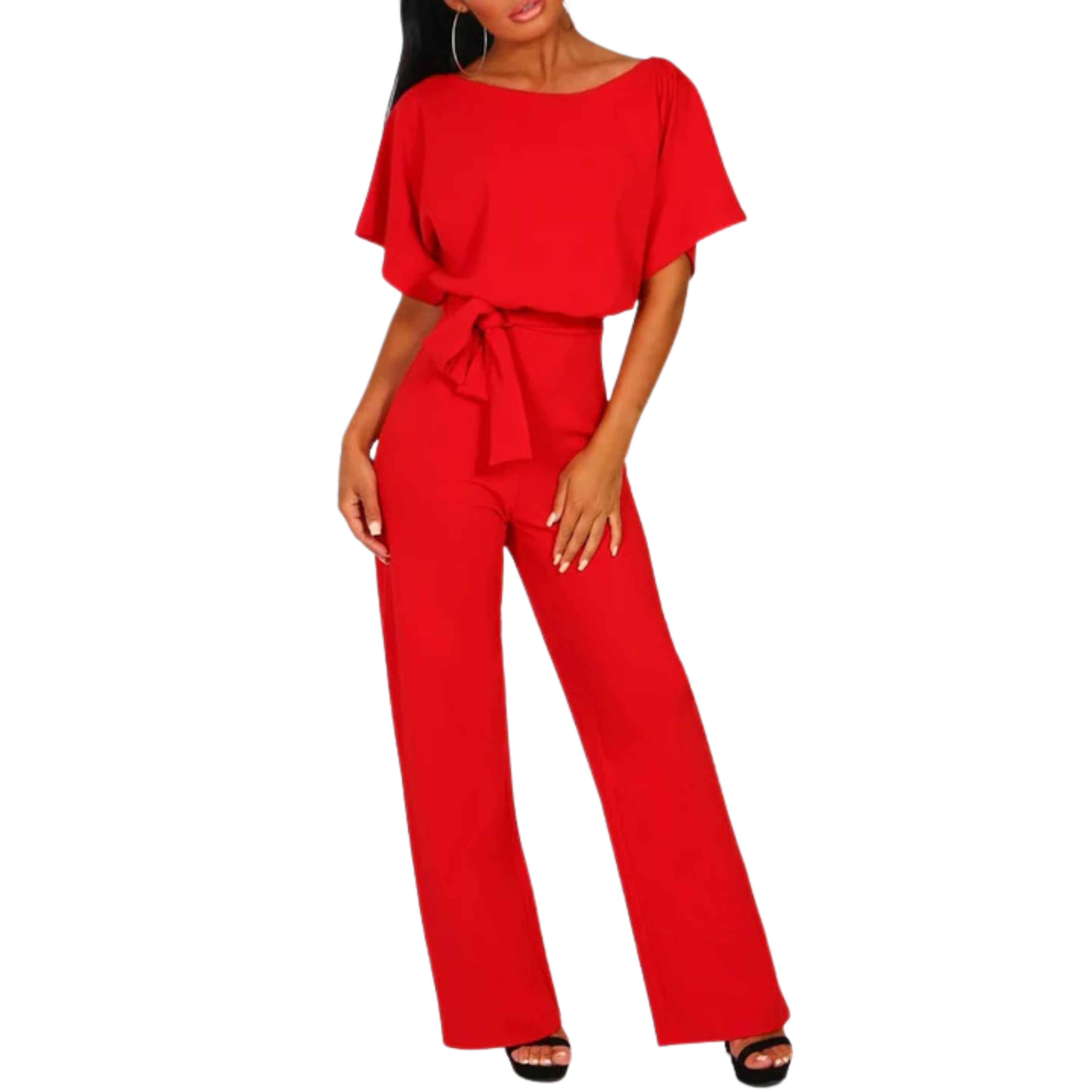 Women's wide-leg jumpsuit — with belt and short sleeves — beach