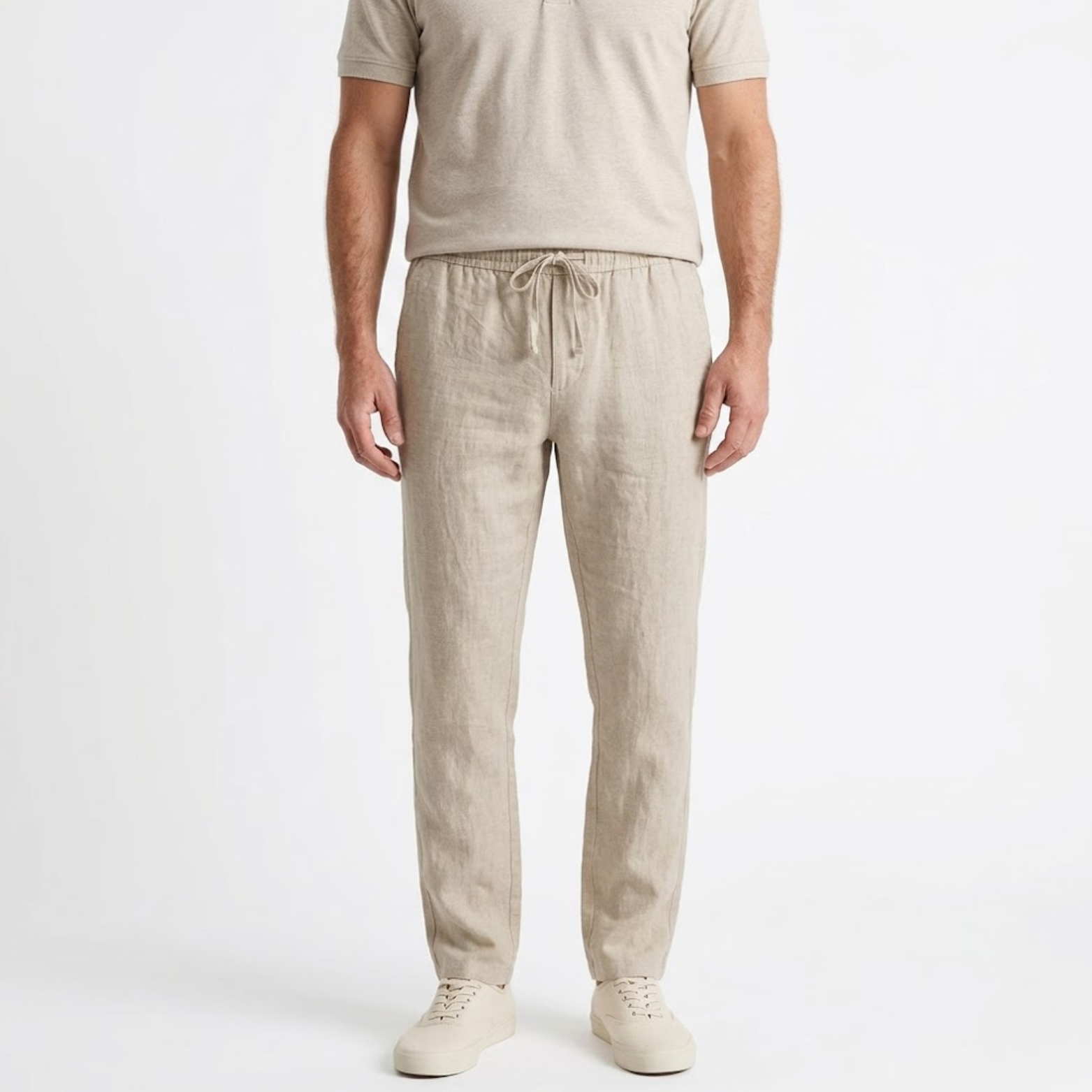 Pantaloni bărbați din bumbac și in cu talie elastică și șnur de strângere