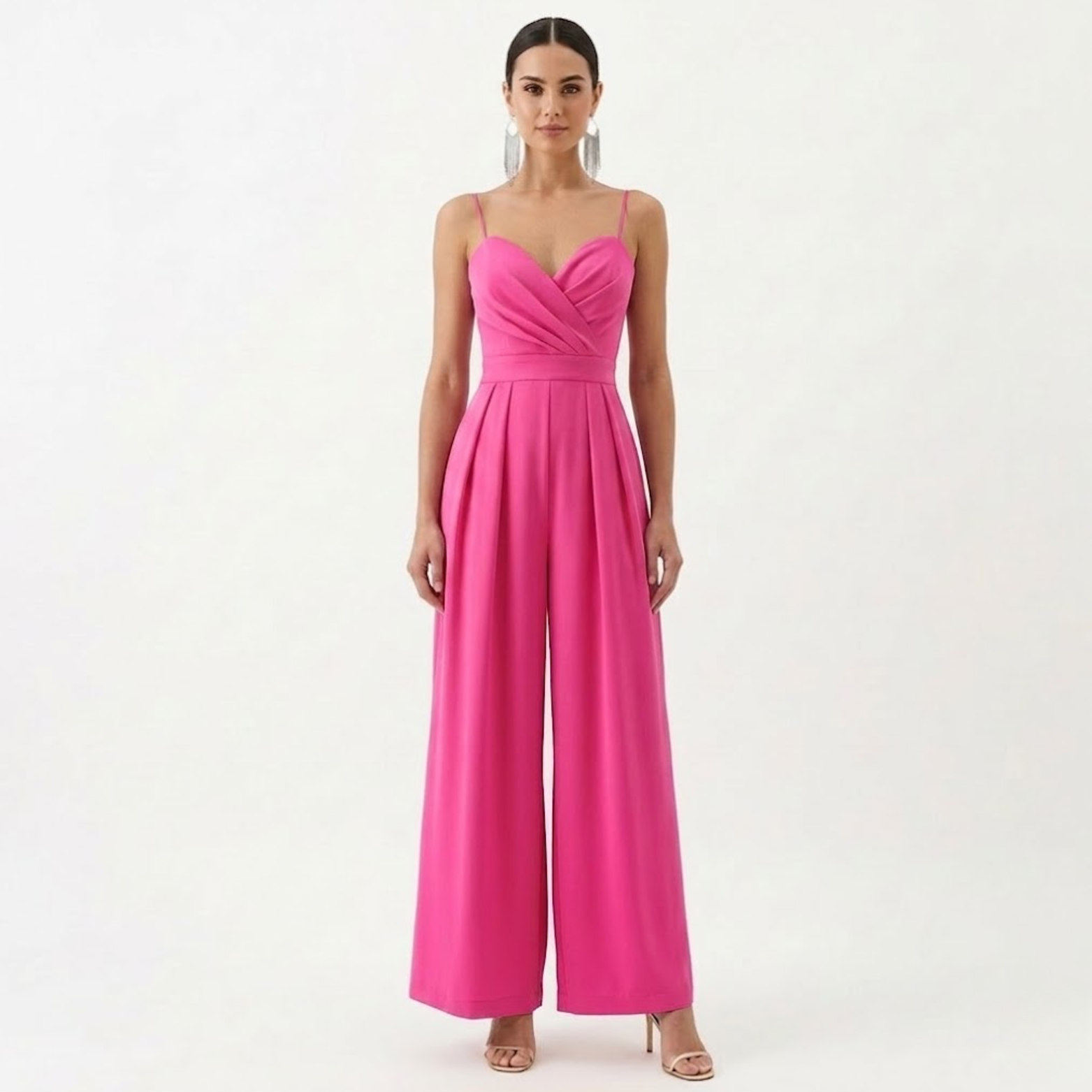 Combinaison Pantalon Large à Bretelles avec Col en V et Taille Haute pour Femmes