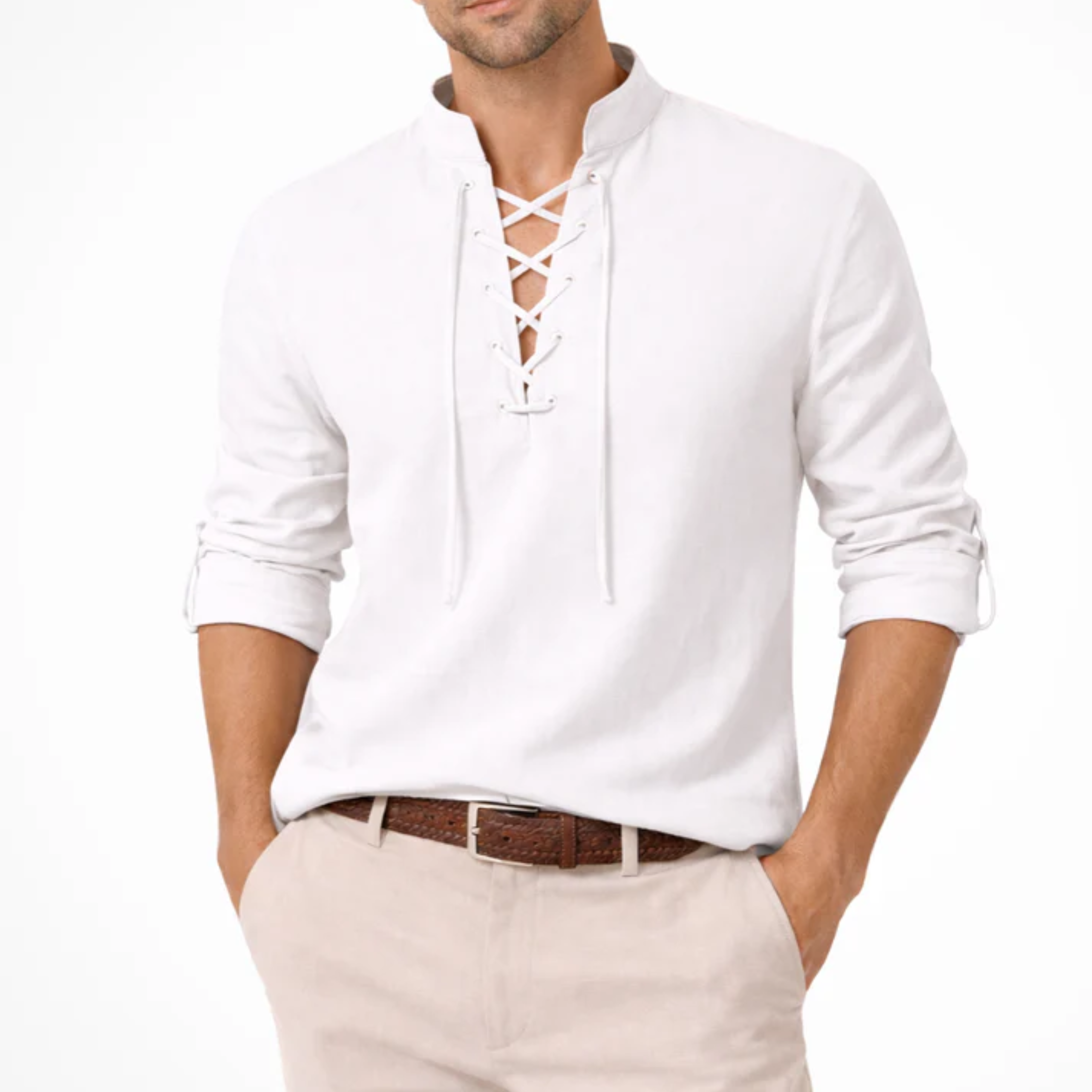 Camisa de lino para hombre con cierre de cordones y mangas largas corte ajustado