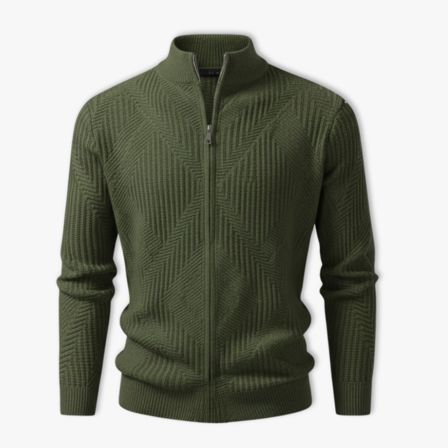 Men's knitted jacket with geometric patterns and protective stand-up collar