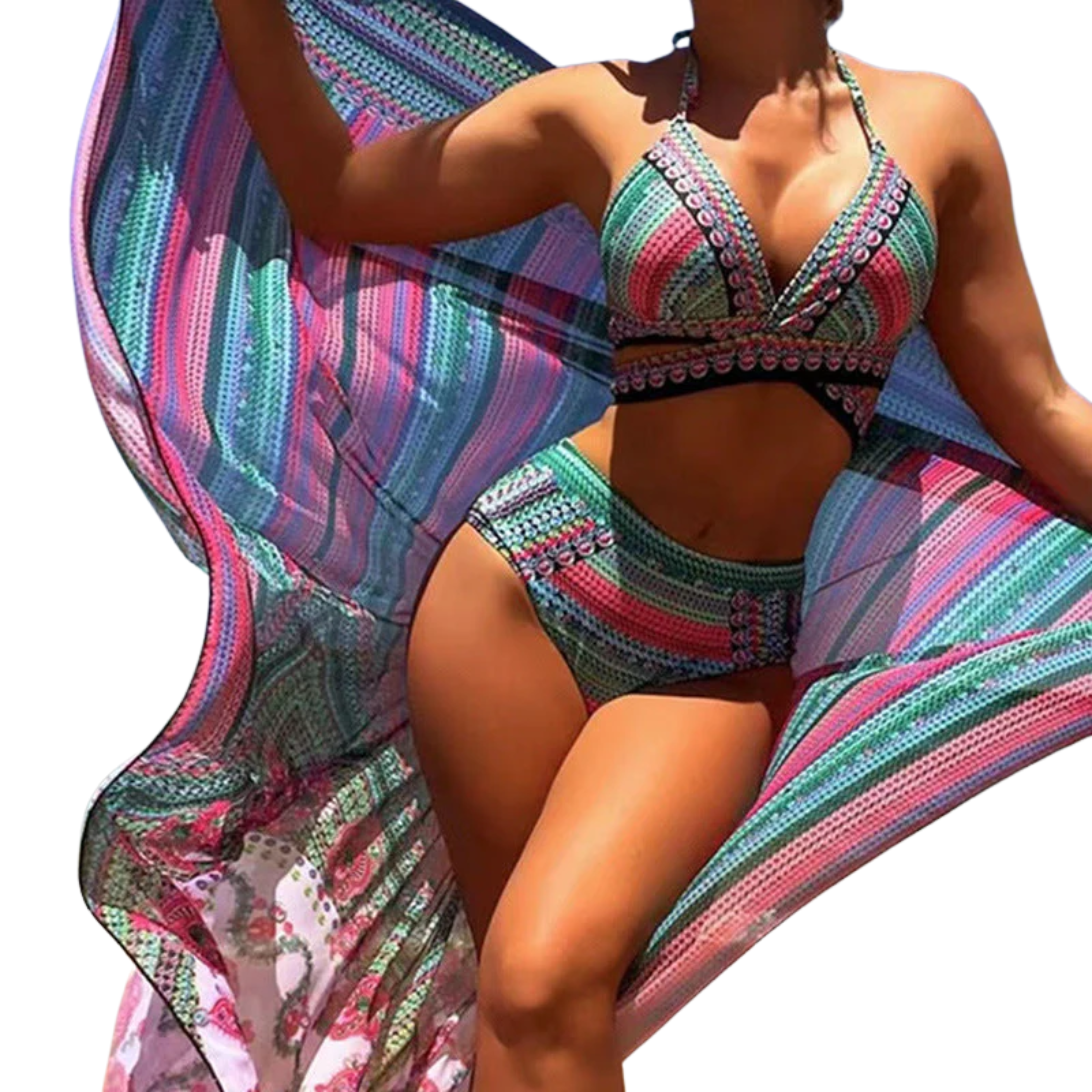 Conjunto de Banho 3 Peças com Cueca de Cintura Alta e Kimono Beach Cover Up