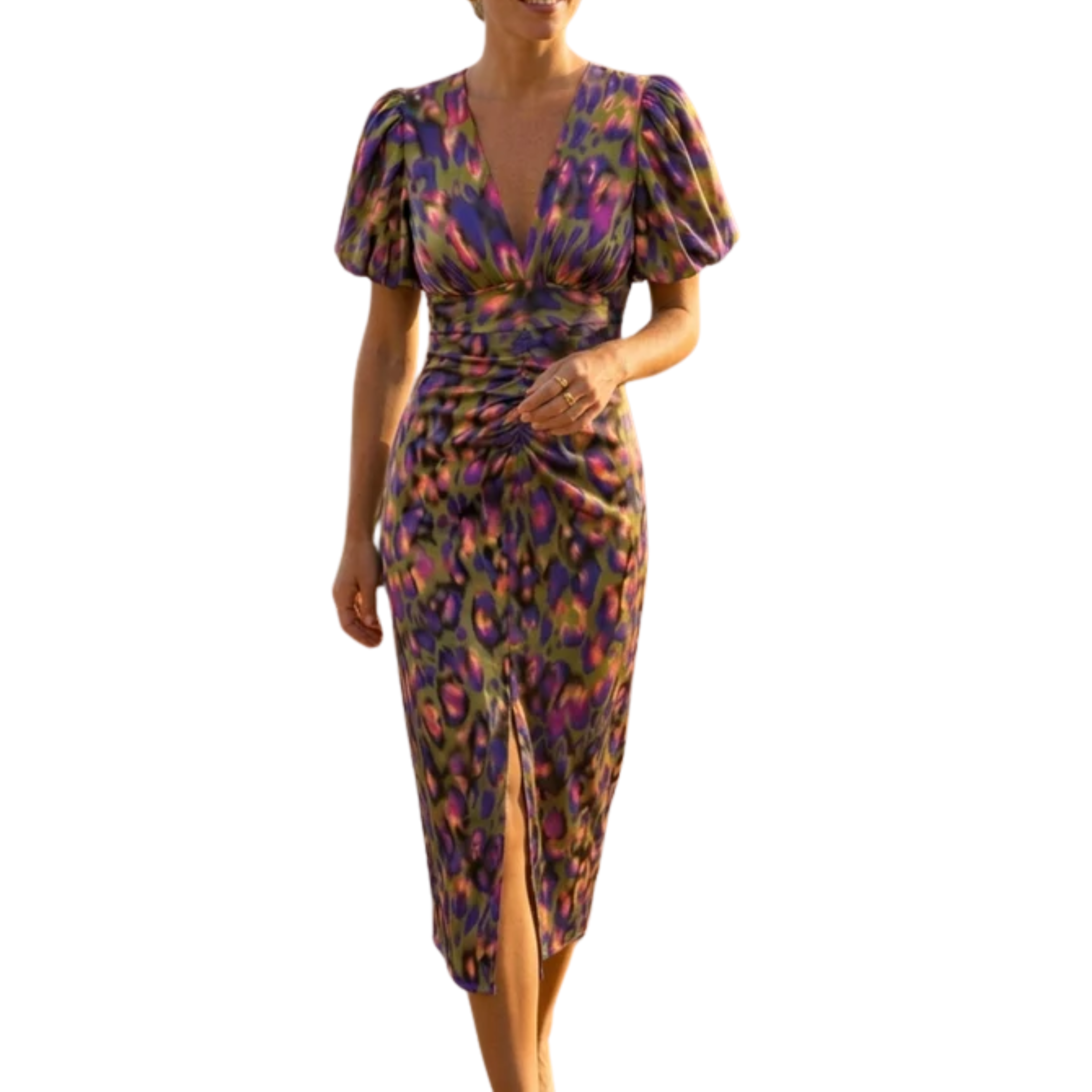 Printed long dress — V-neck and puff sleeves — party