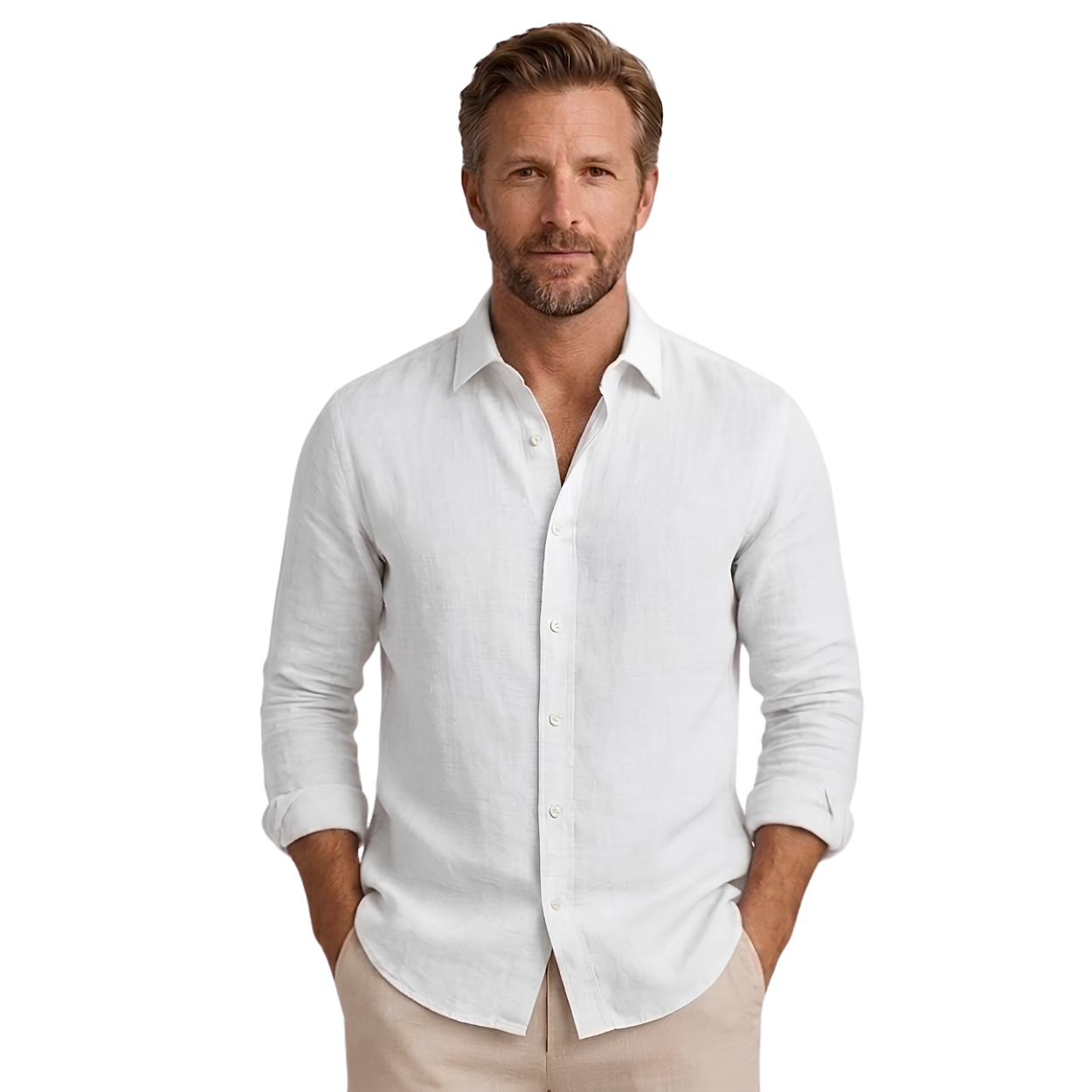 Men's Long-Sleeve Linen Shirt with Classic Collar and Relaxed Fit