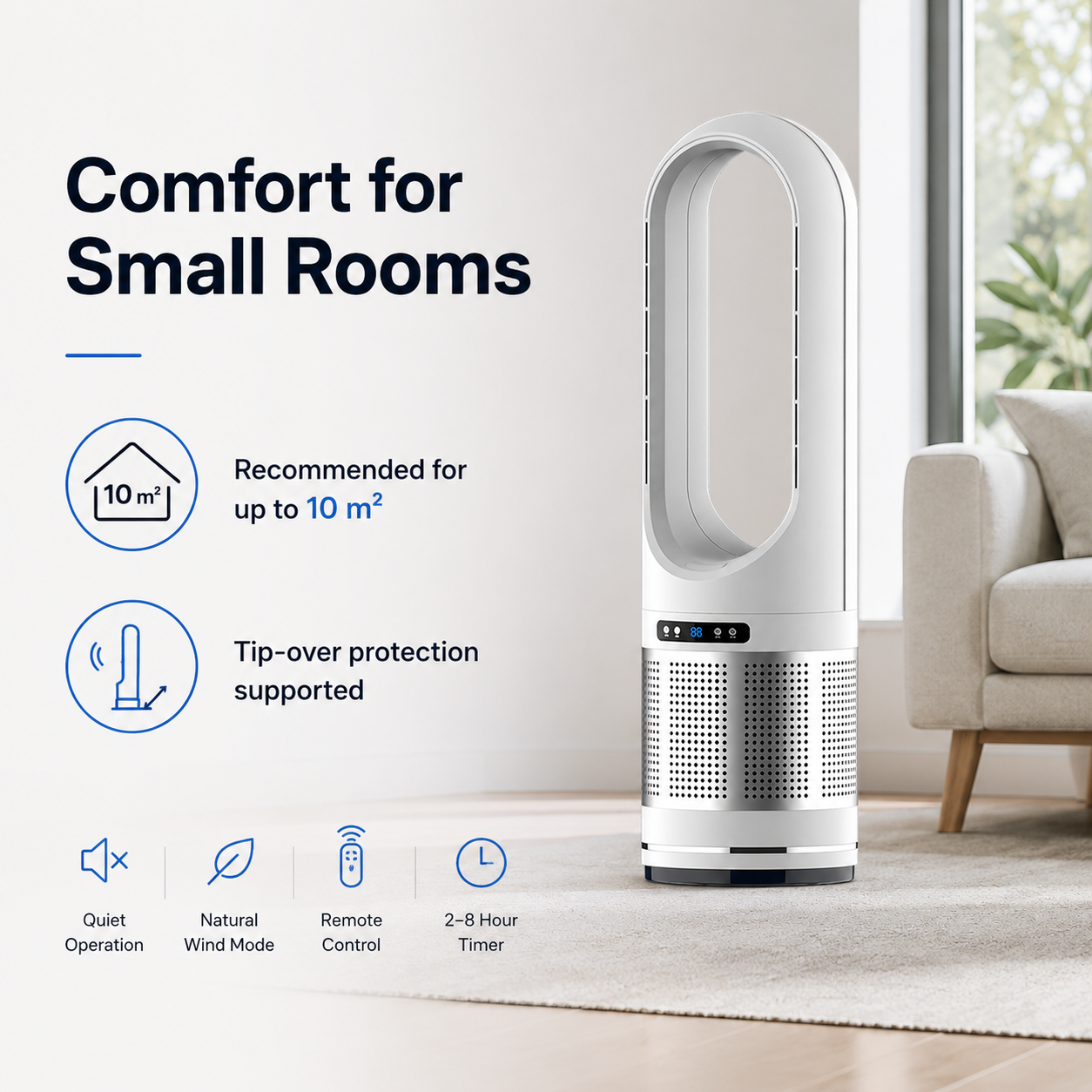 Ventilador de columna sin aspas con control remoto y oscilación