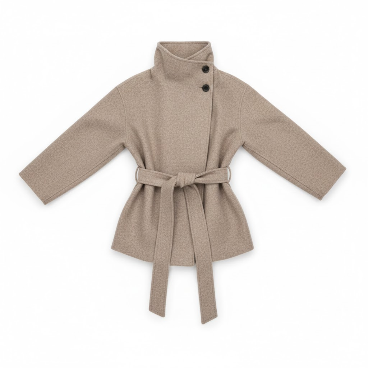 Női műszőrme kabát álló gallérral és övvel, meleg, elegáns dzseki