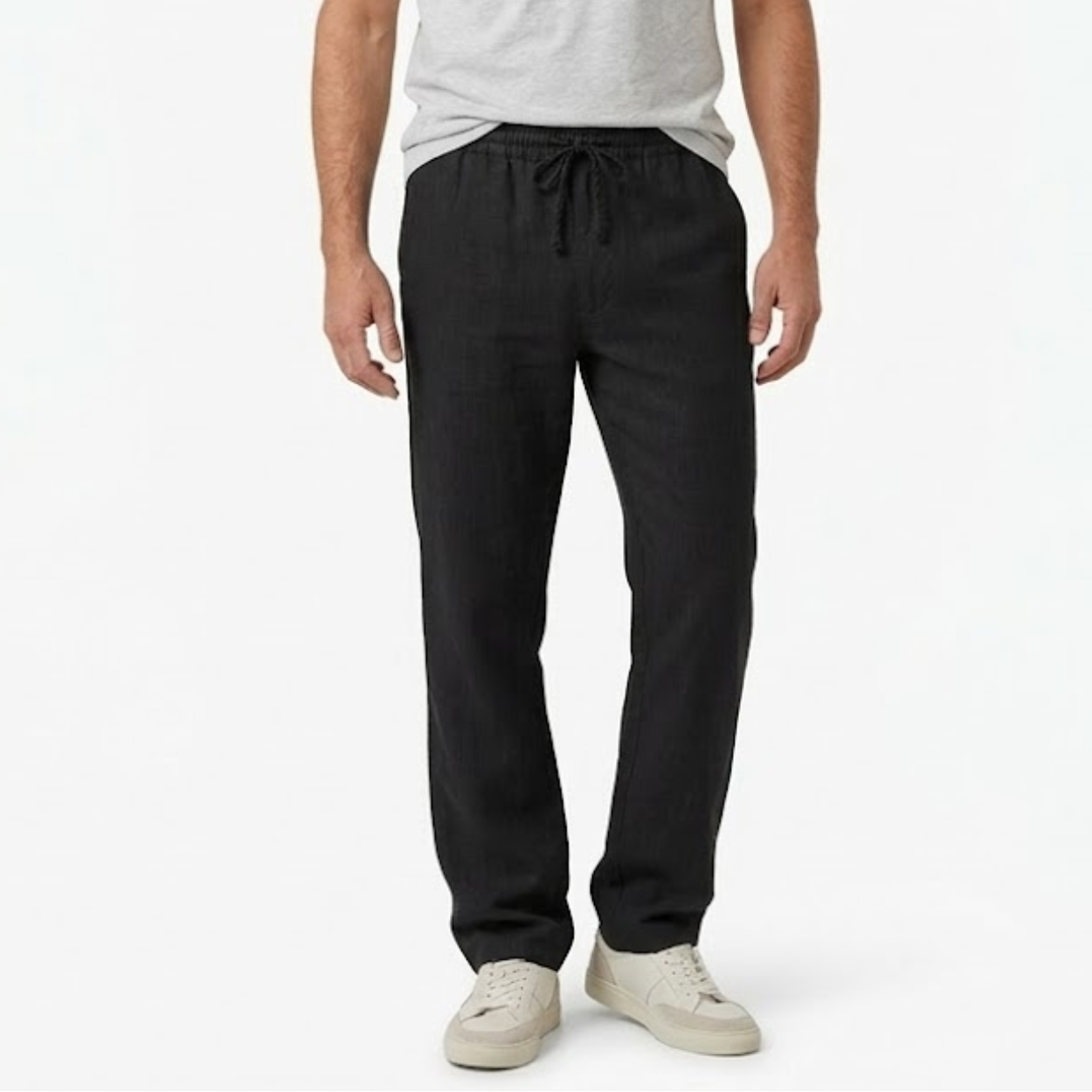 Cotton and Linen Pants for Men with Elastic Waist and Back Pockets